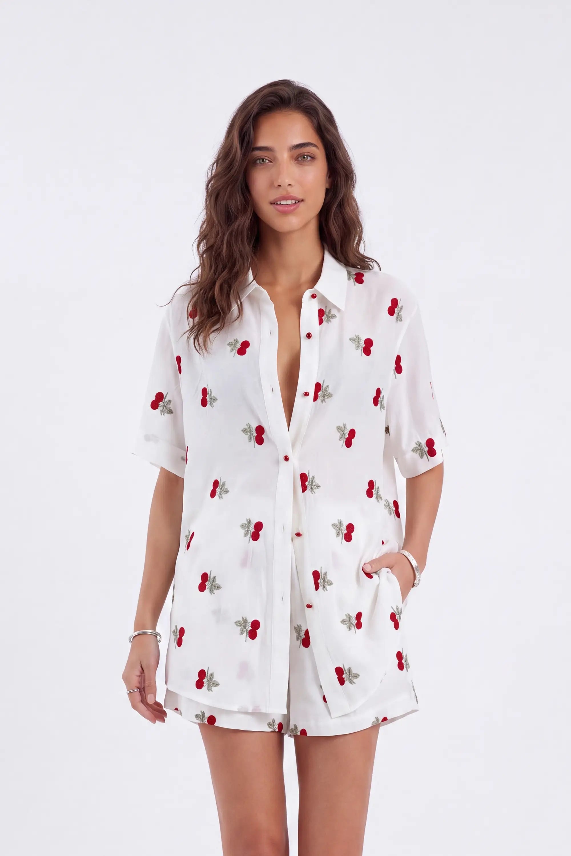 Cream Ramie-Cotton Blend Cherry Embroidery Short-Sleeve Blouse — Model White Background View 3