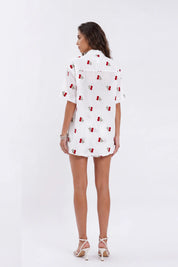 Cream Ramie-Cotton Blend Cherry Embroidery Short-Sleeve Blouse — Model White Background View 5