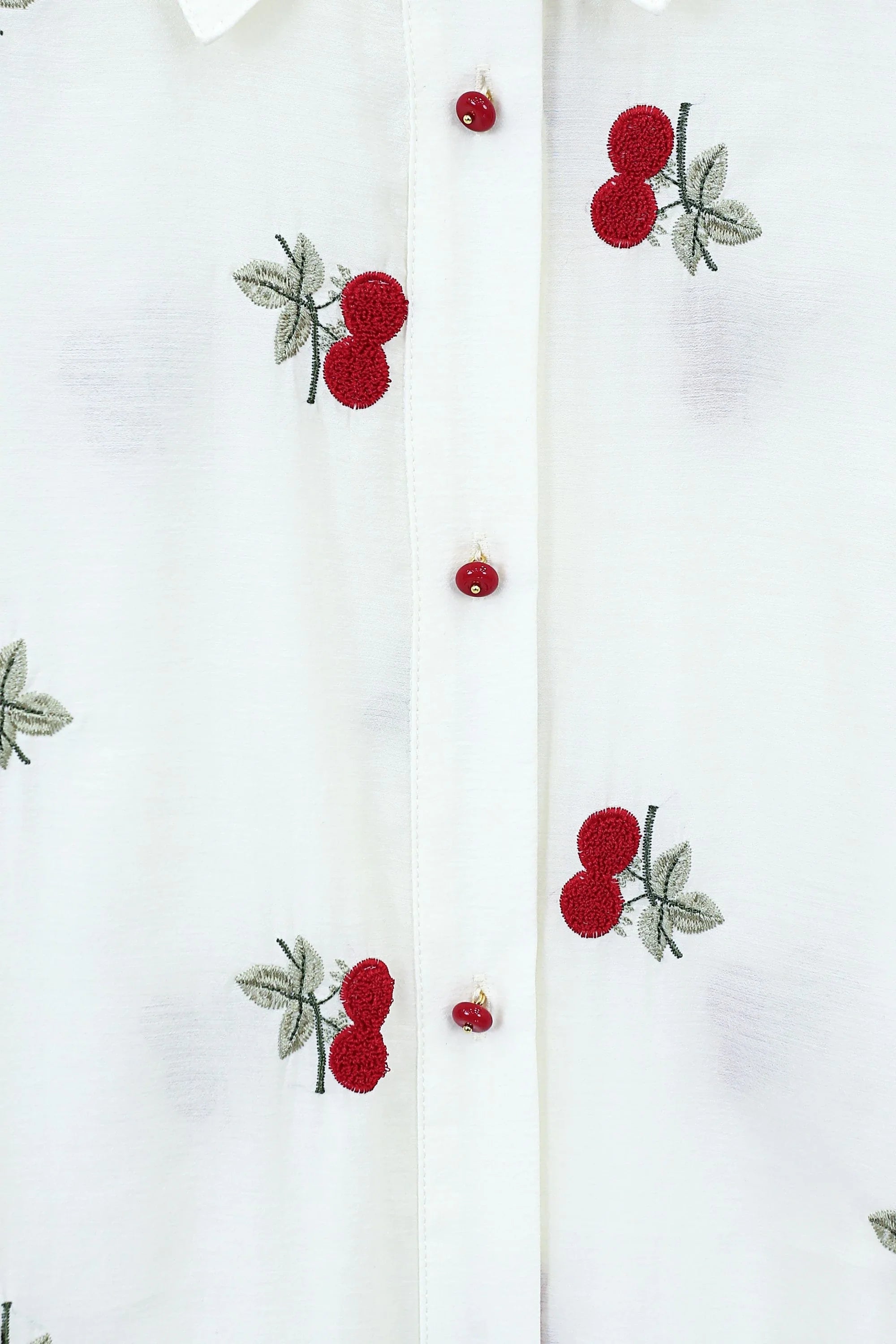Cream Ramie-Cotton Blend Cherry Embroidery Short-Sleeve Blouse — Product Detail 1
