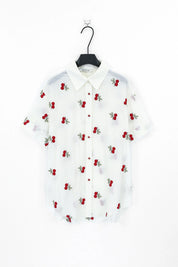 Cream Ramie-Cotton Blend Cherry Embroidery Short-Sleeve Blouse — Product Only Front