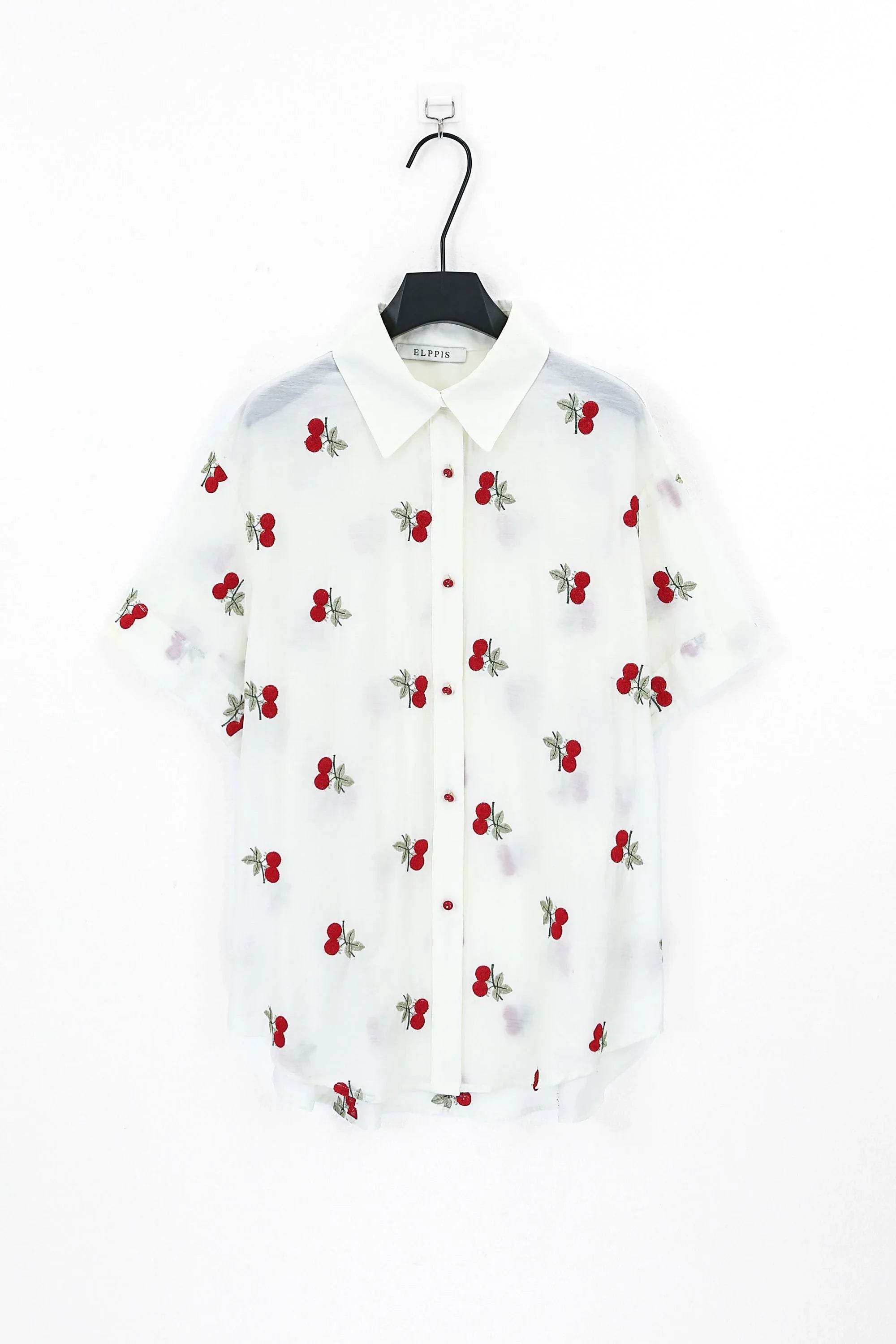 Cream Ramie-Cotton Blend Cherry Embroidery Short-Sleeve Blouse — Product Only Front