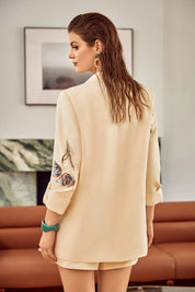 Elppis Cream Satin-Blend Shorts with Colorful Tulip Sequin Embroidery, editorial styling view on model — SKU 1J6G10824BN