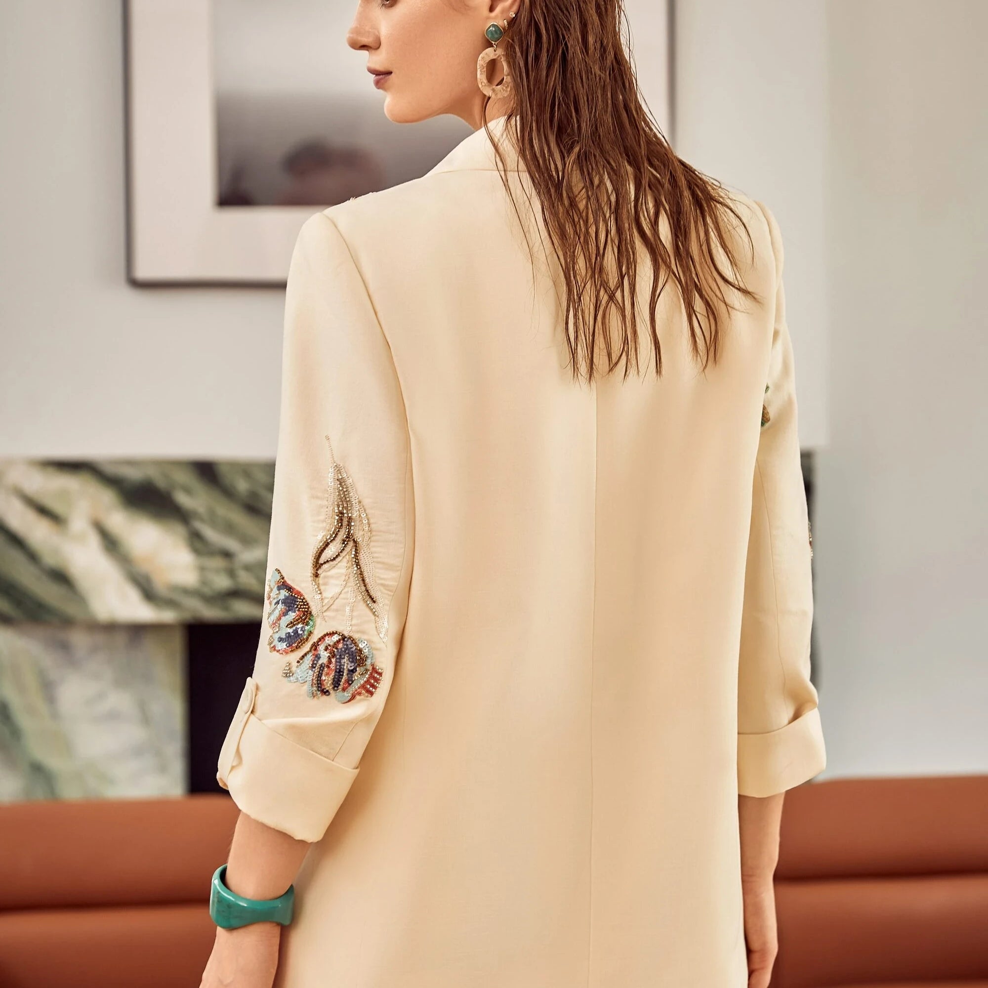 Elppis Cream Satin-Blend Vest with Colorful Tulip Sequin Embroidery, editorial styling view on model — SKU 1J6R10823BN