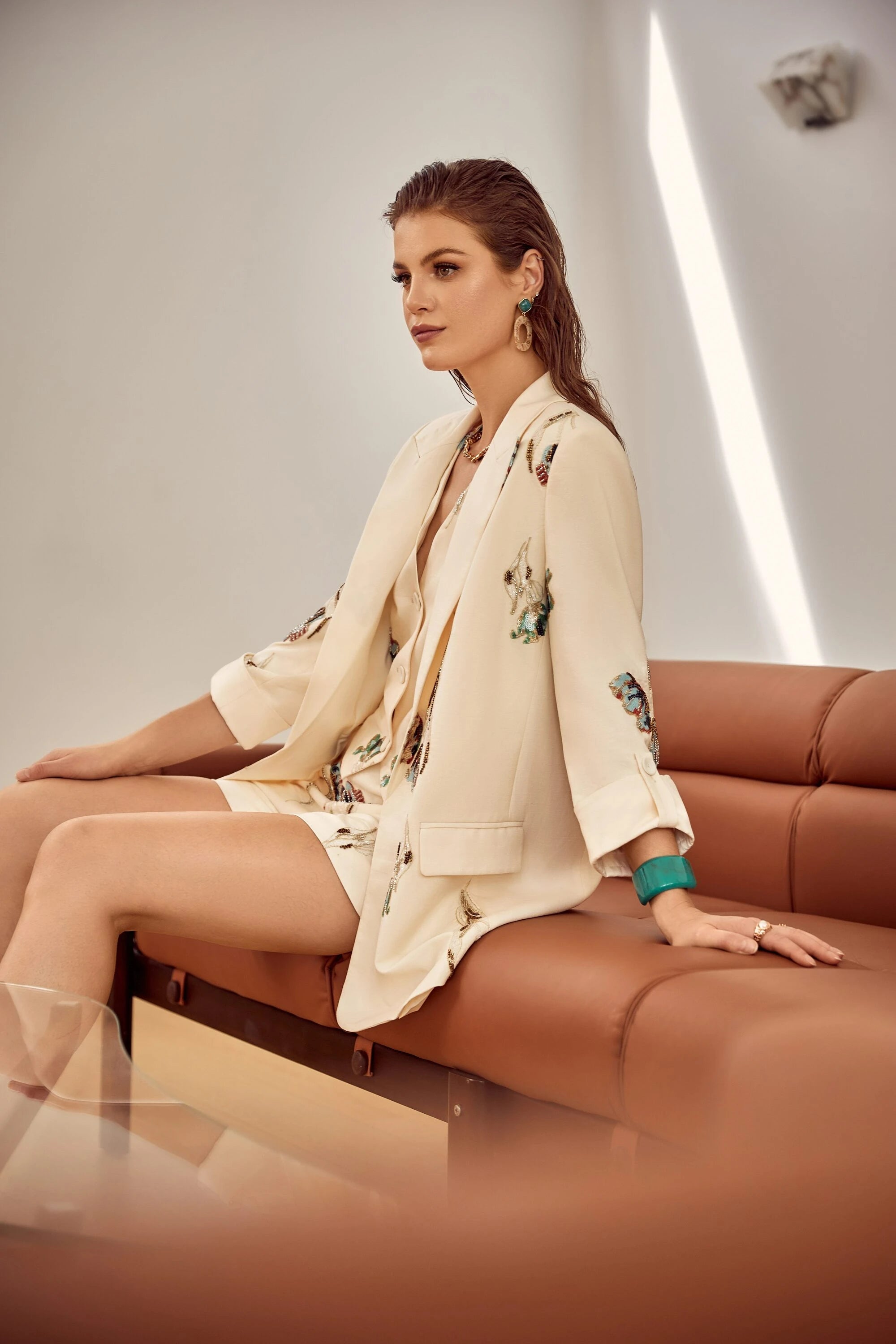 Elppis Cream Satin-Blend Vest with Colorful Tulip Sequin Embroidery, editorial styling view on model — SKU 1J6R10823BN