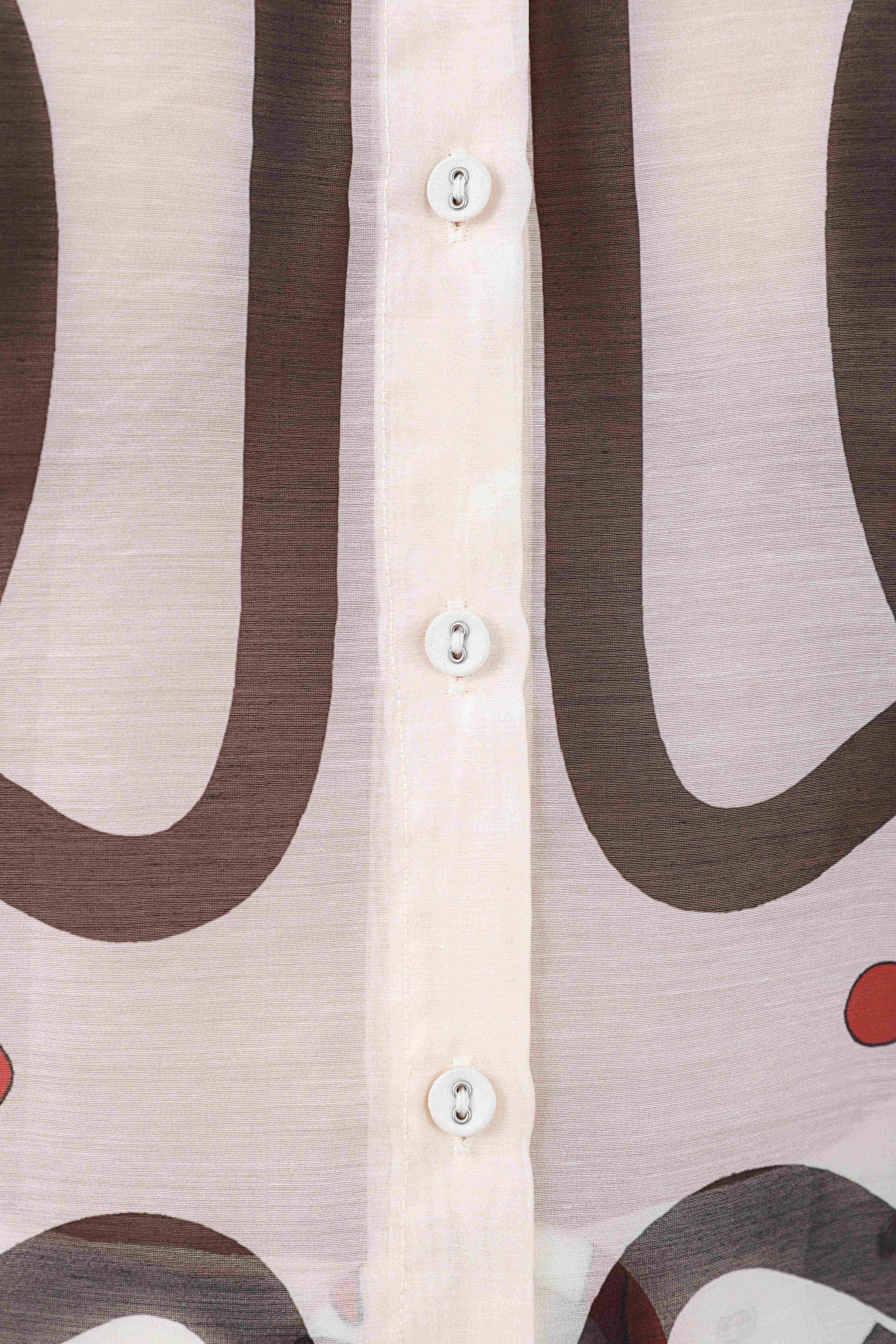 Cream Sheer Long-Sleeve Shirt with Red and Black Geometric Print — design detail 1