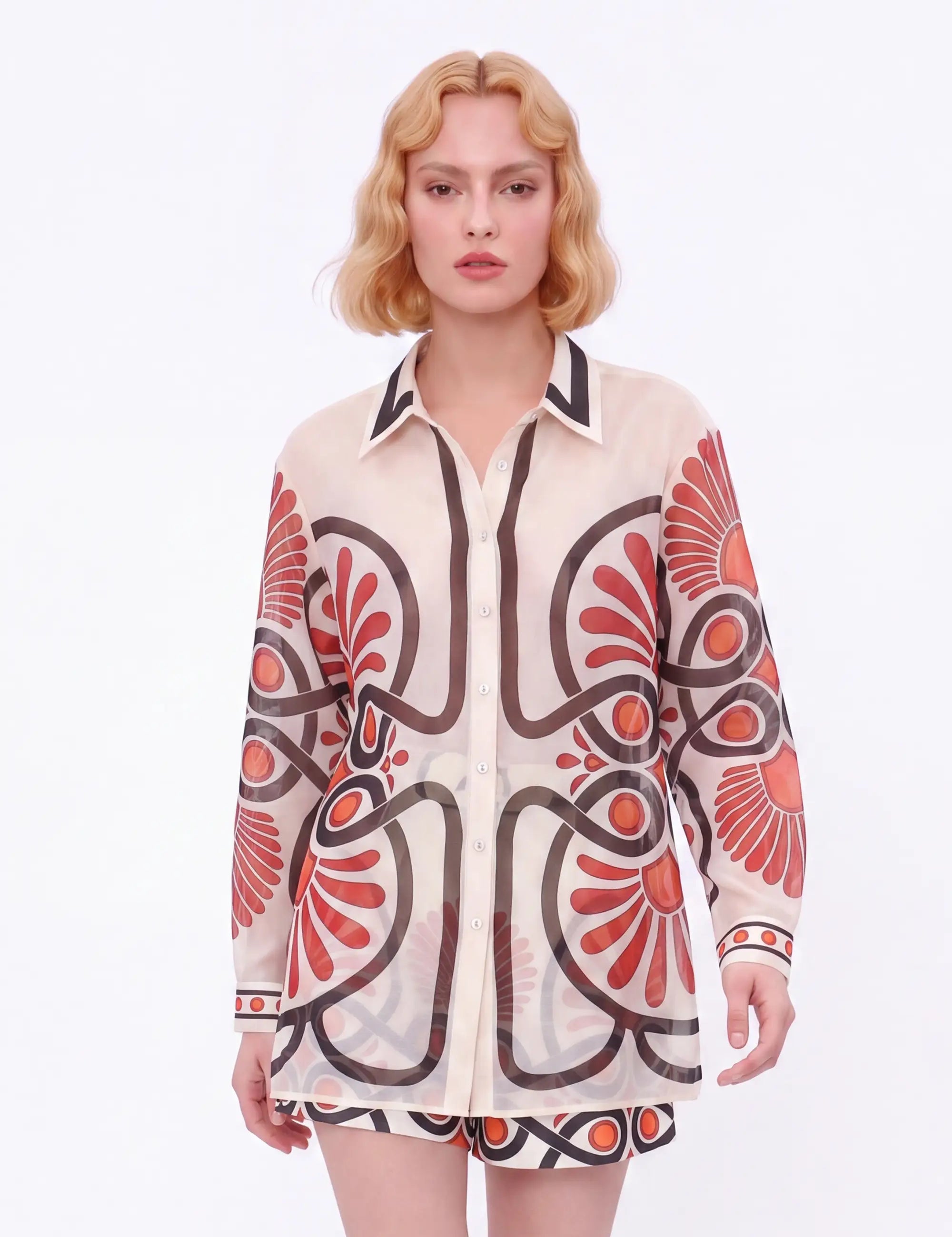 Cream Sheer Long-Sleeve Shirt with Red and Black Geometric Print — model front view 1