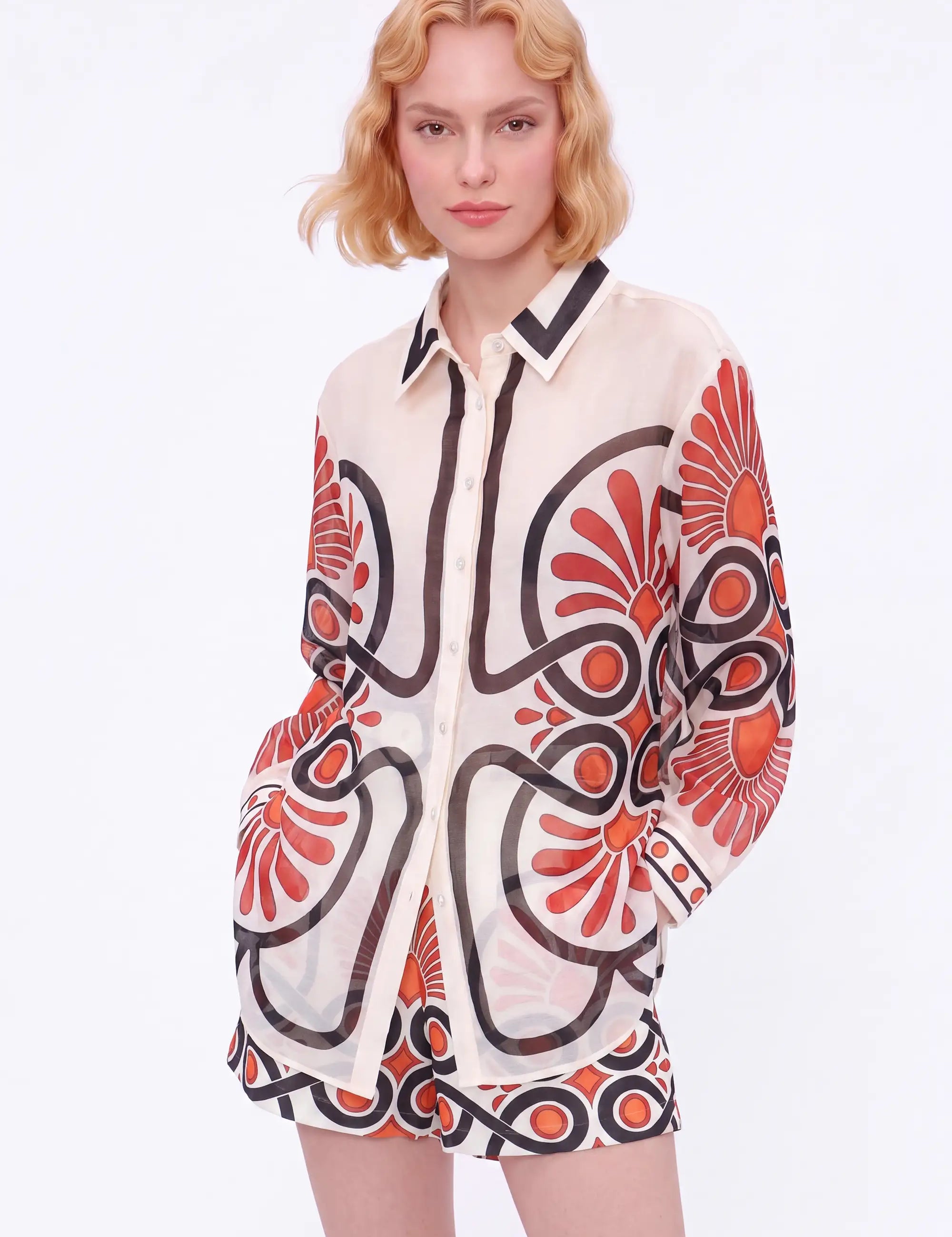 Cream Sheer Long-Sleeve Shirt with Red and Black Geometric Print — model front view 2