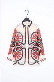 Cream Sheer Long-Sleeve Shirt with Red and Black Geometric Print — product-only view 1
