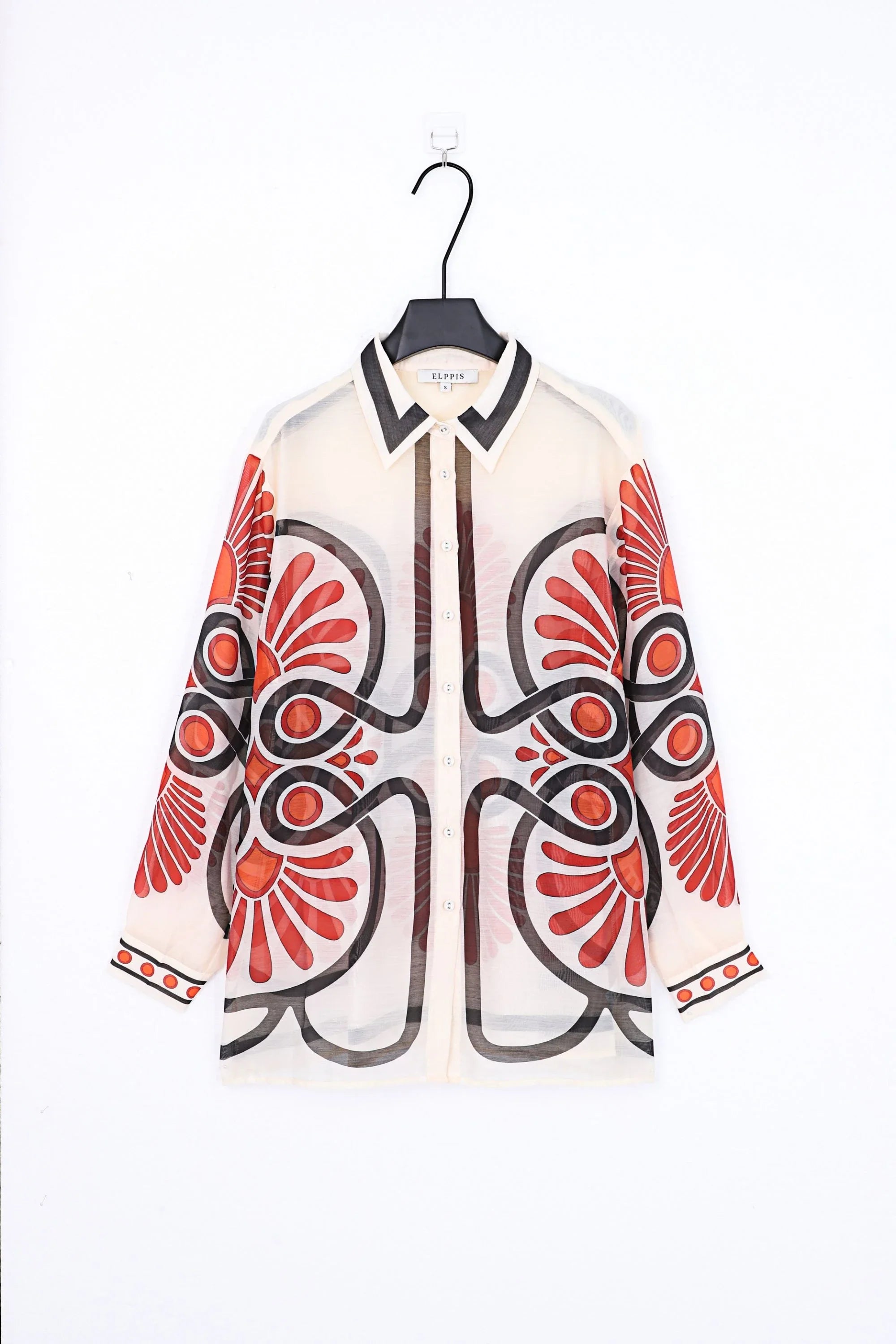 Cream Sheer Long-Sleeve Shirt with Red and Black Geometric Print — product-only view 1