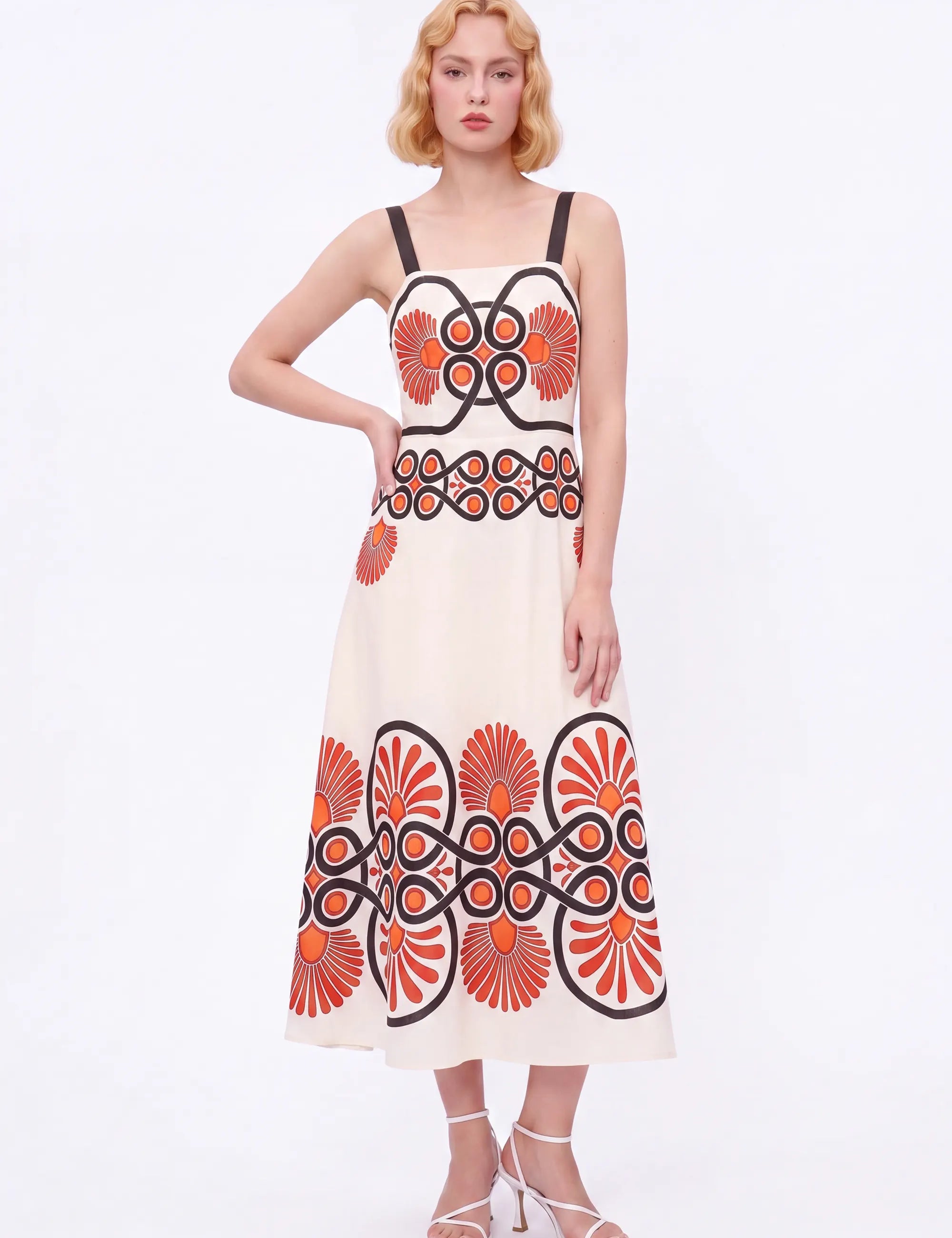 Cream Sleeveless Maxi Dress with Red and Black Geometric Print — Model White Background Front