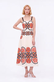 Cream Sleeveless Maxi Dress with Red and Black Geometric Print — Model White Background Front