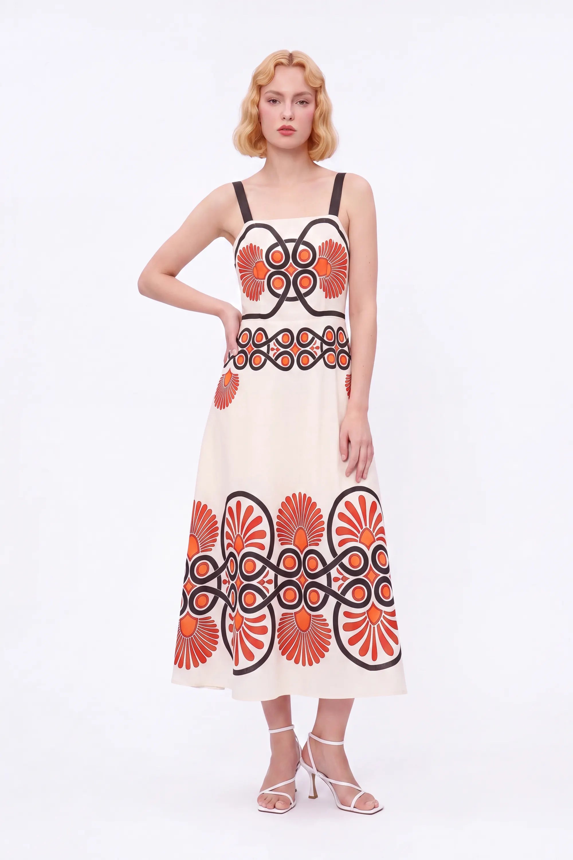 Cream Sleeveless Maxi Dress with Red and Black Geometric Print — Model White Background Front