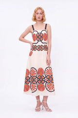 Cream Sleeveless Maxi Dress with Red and Black Geometric Print