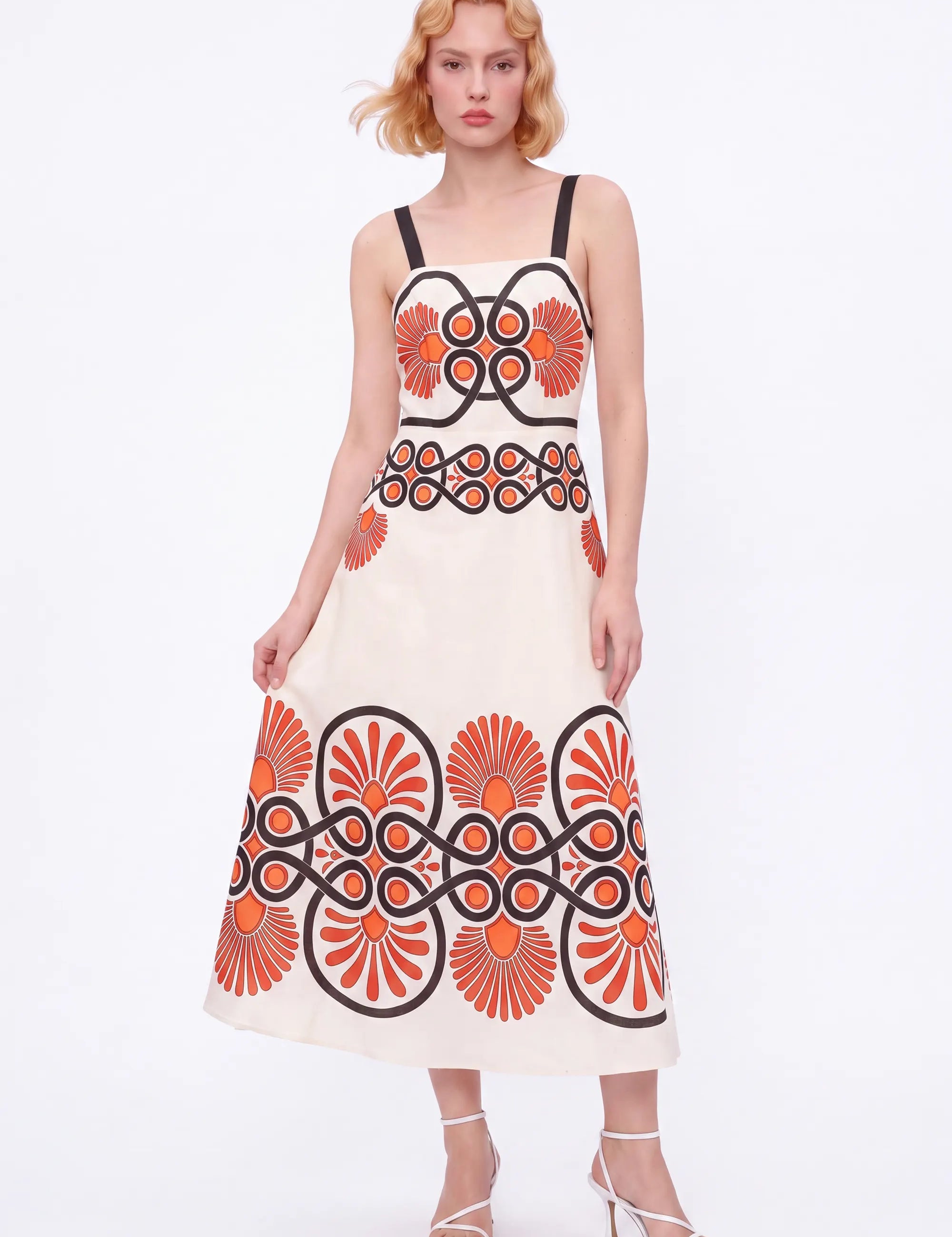 Cream Sleeveless Maxi Dress with Red and Black Geometric Print — Model White Background View 2