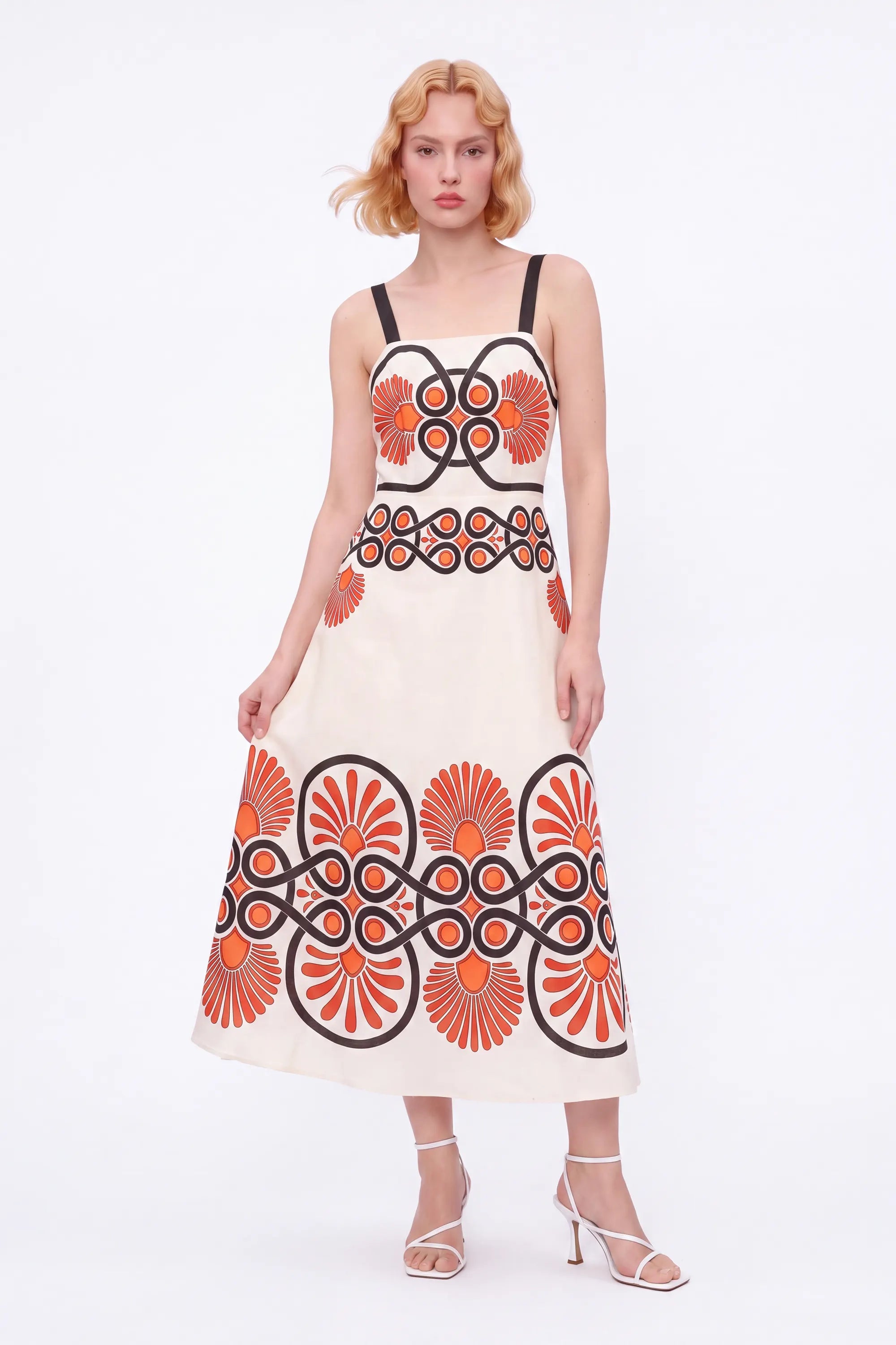 Cream Sleeveless Maxi Dress with Red and Black Geometric Print — Model White Background View 2