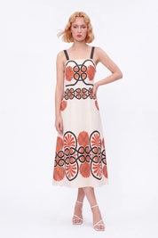 Cream Sleeveless Maxi Dress with Red and Black Geometric Print — Model White Background View 3