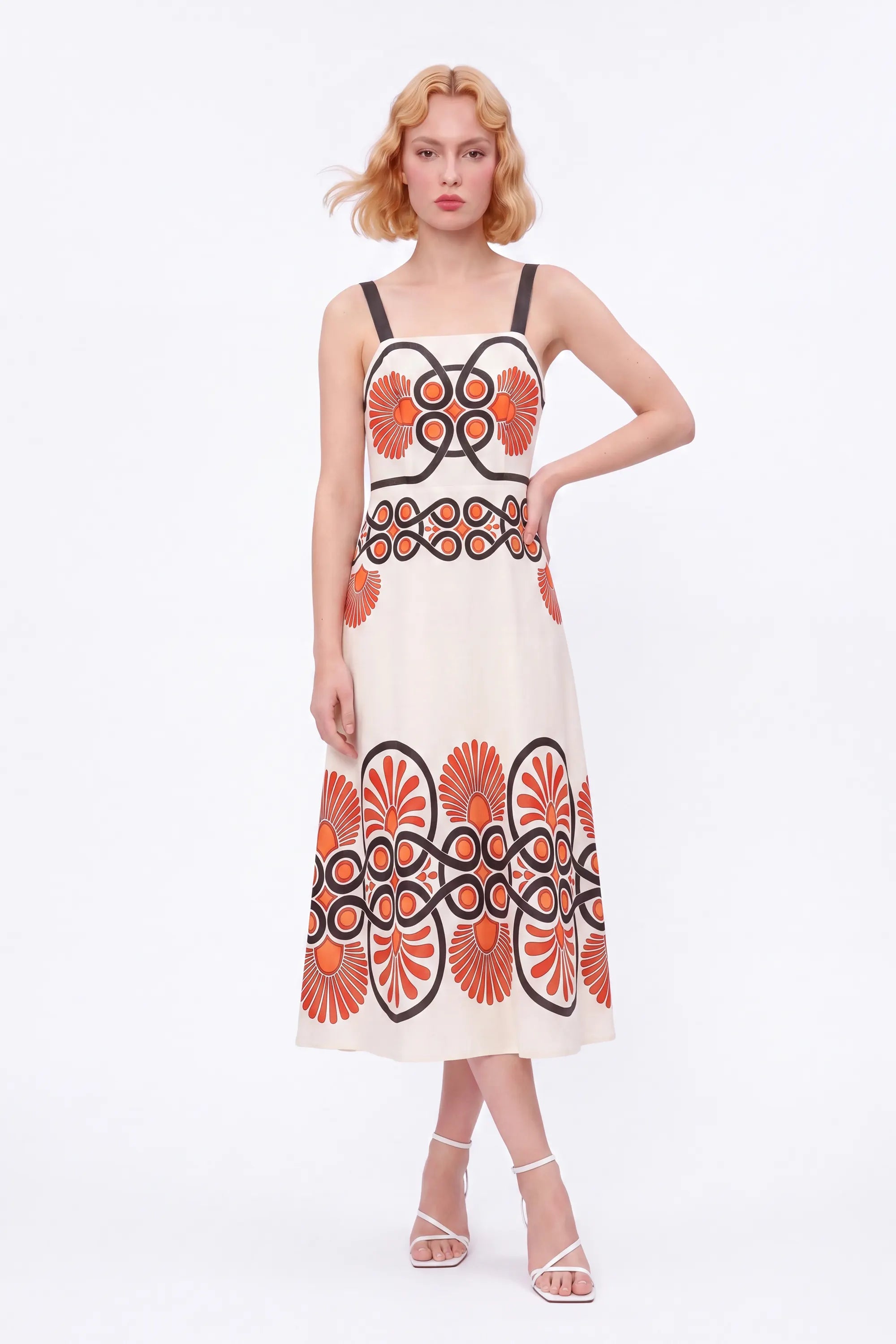 Cream Sleeveless Maxi Dress with Red and Black Geometric Print — Model White Background View 3