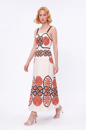 Cream Sleeveless Maxi Dress with Red and Black Geometric Print — Model White Background View 4
