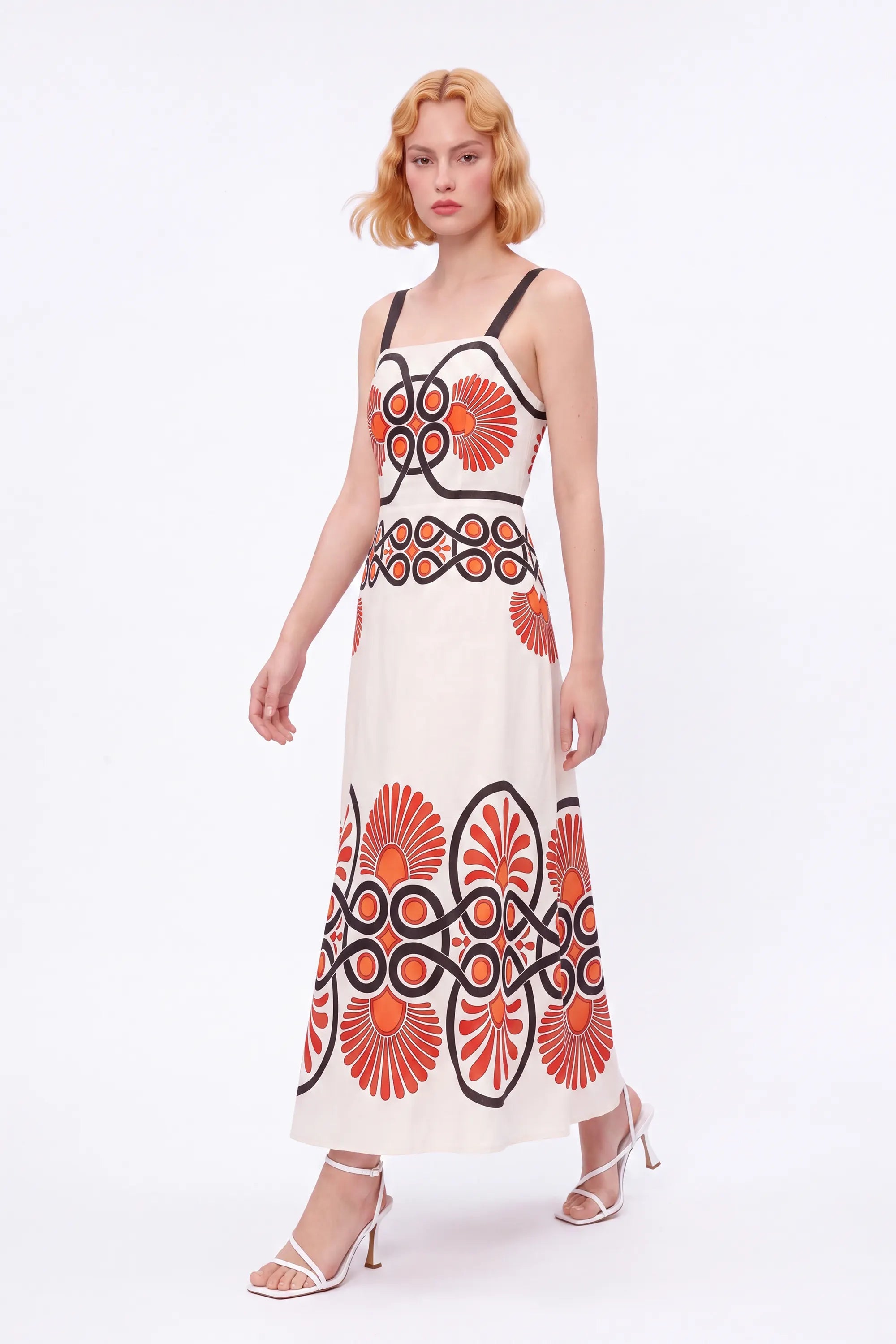 Cream Sleeveless Maxi Dress with Red and Black Geometric Print — Model White Background View 4