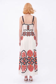 Cream Sleeveless Maxi Dress with Red and Black Geometric Print — Model White Background View 5