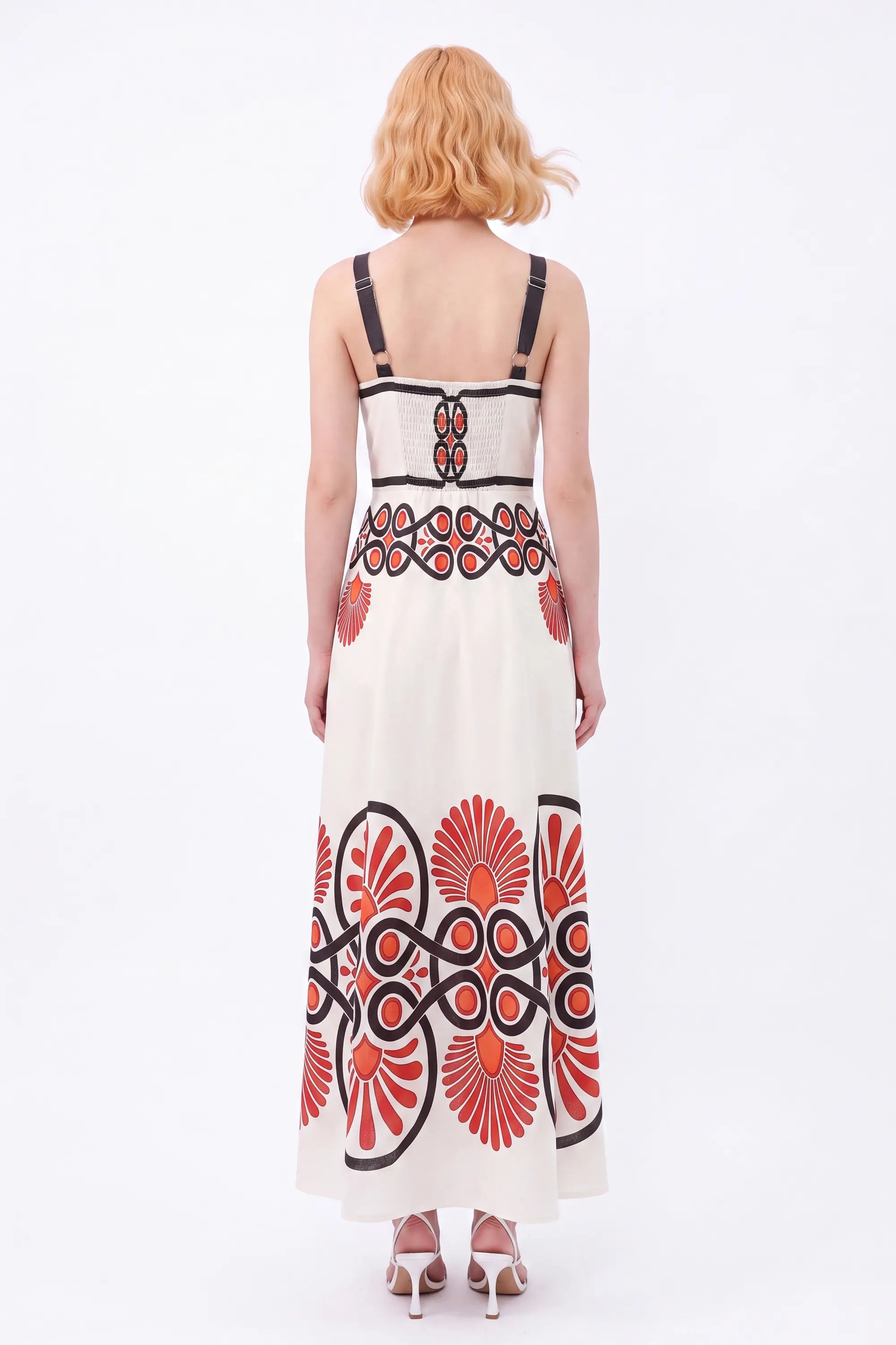 Cream Sleeveless Maxi Dress with Red and Black Geometric Print — Model White Background View 5