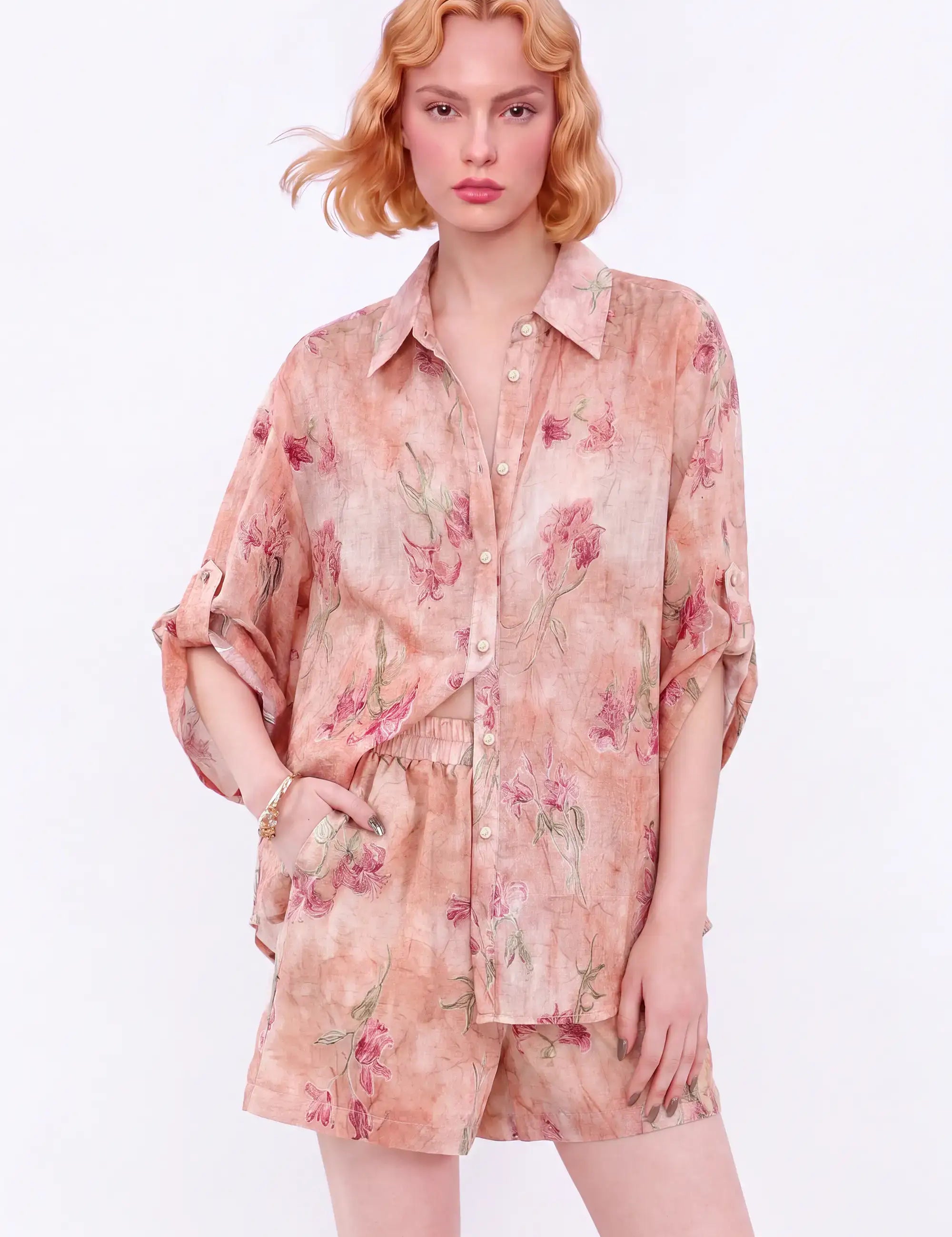 Elastic Waist Tencel-Polyester Floral Shorts — model front view 1