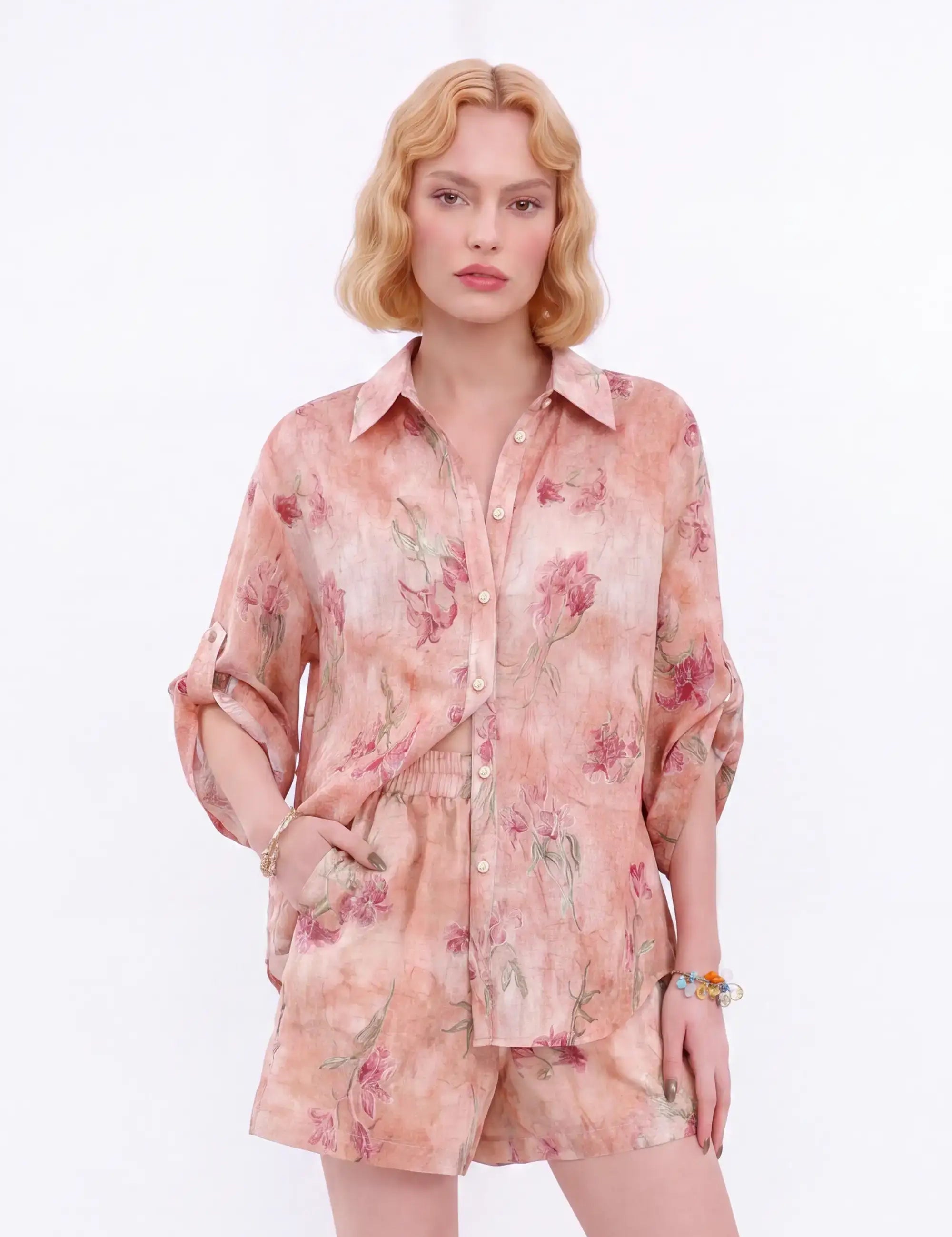 Elastic Waist Tencel-Polyester Floral Shorts — model front view 2