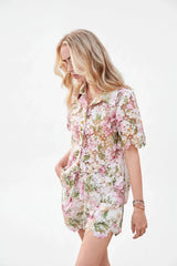 Floral Print Eyelet Lace High-Waisted Shorts with Belt