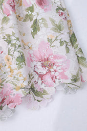 Close-up of the floral eyelet lace fabric and scalloped embroidery