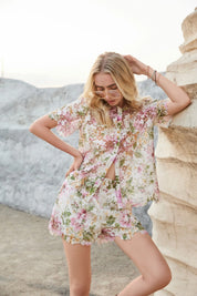 Elppis floral eyelet lace shorts with matching floral top in an outdoor setting