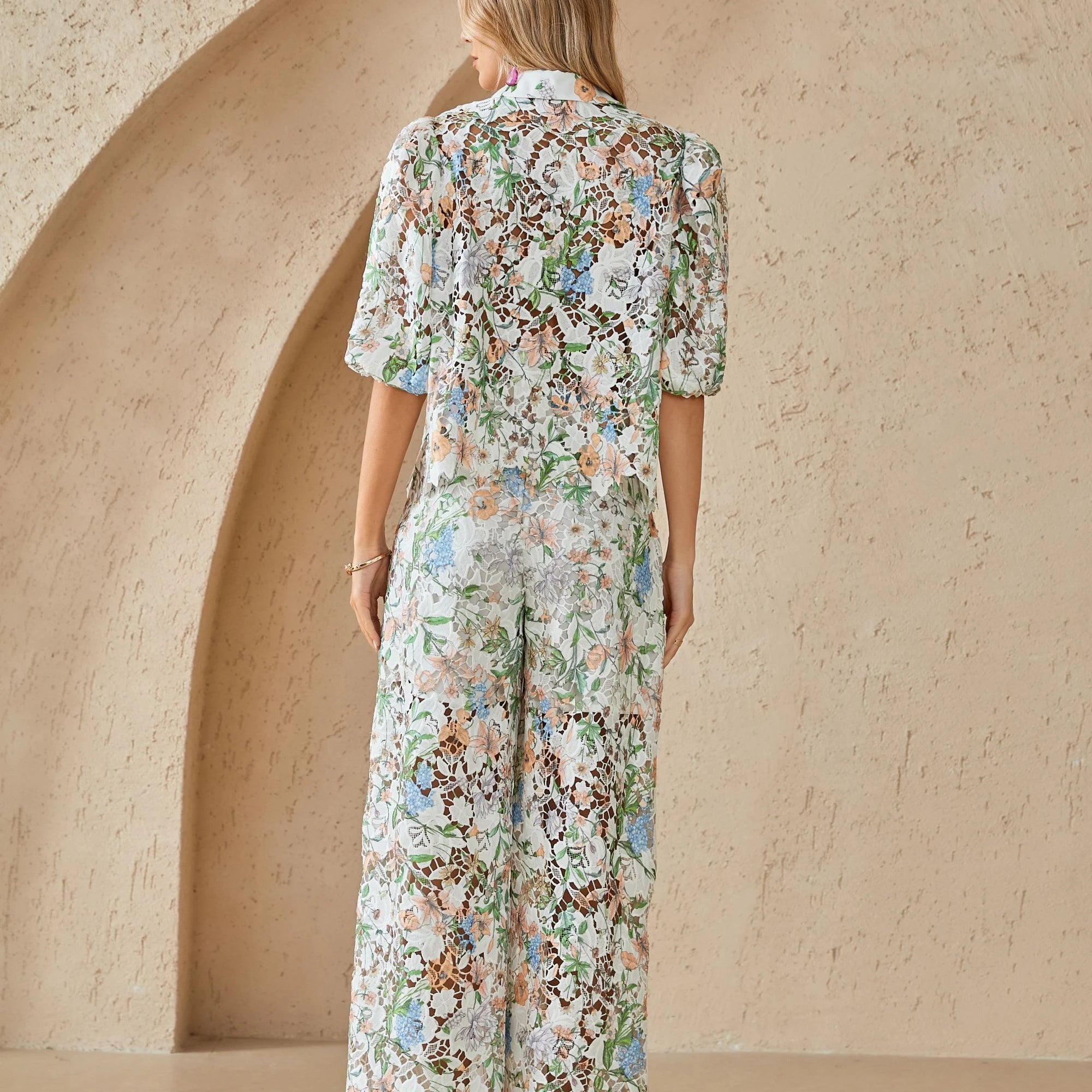 Elppis Floral Lace Puff Sleeve Button-Up Shirt, editorial styling view on model — SKU 1J6E11468BR