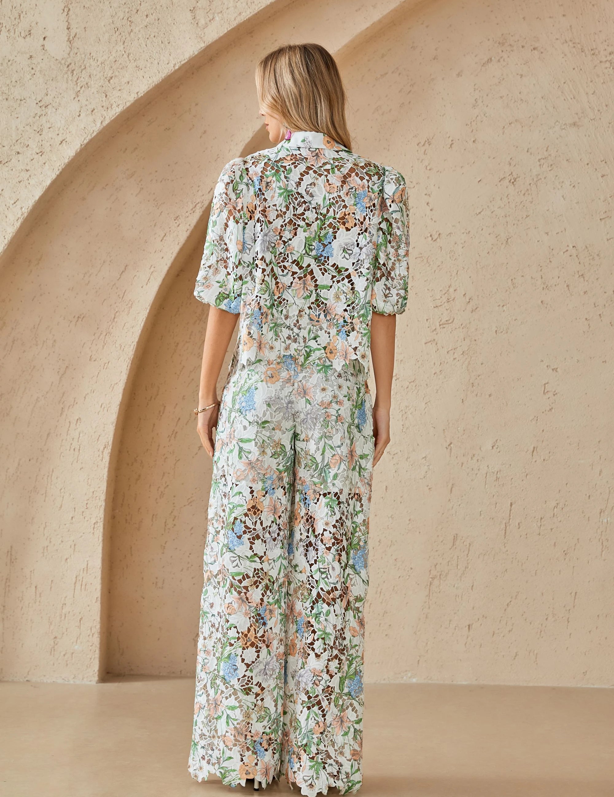 Elppis Floral Lace Puff Sleeve Button-Up Shirt, editorial styling view on model — SKU 1J6E11468BR