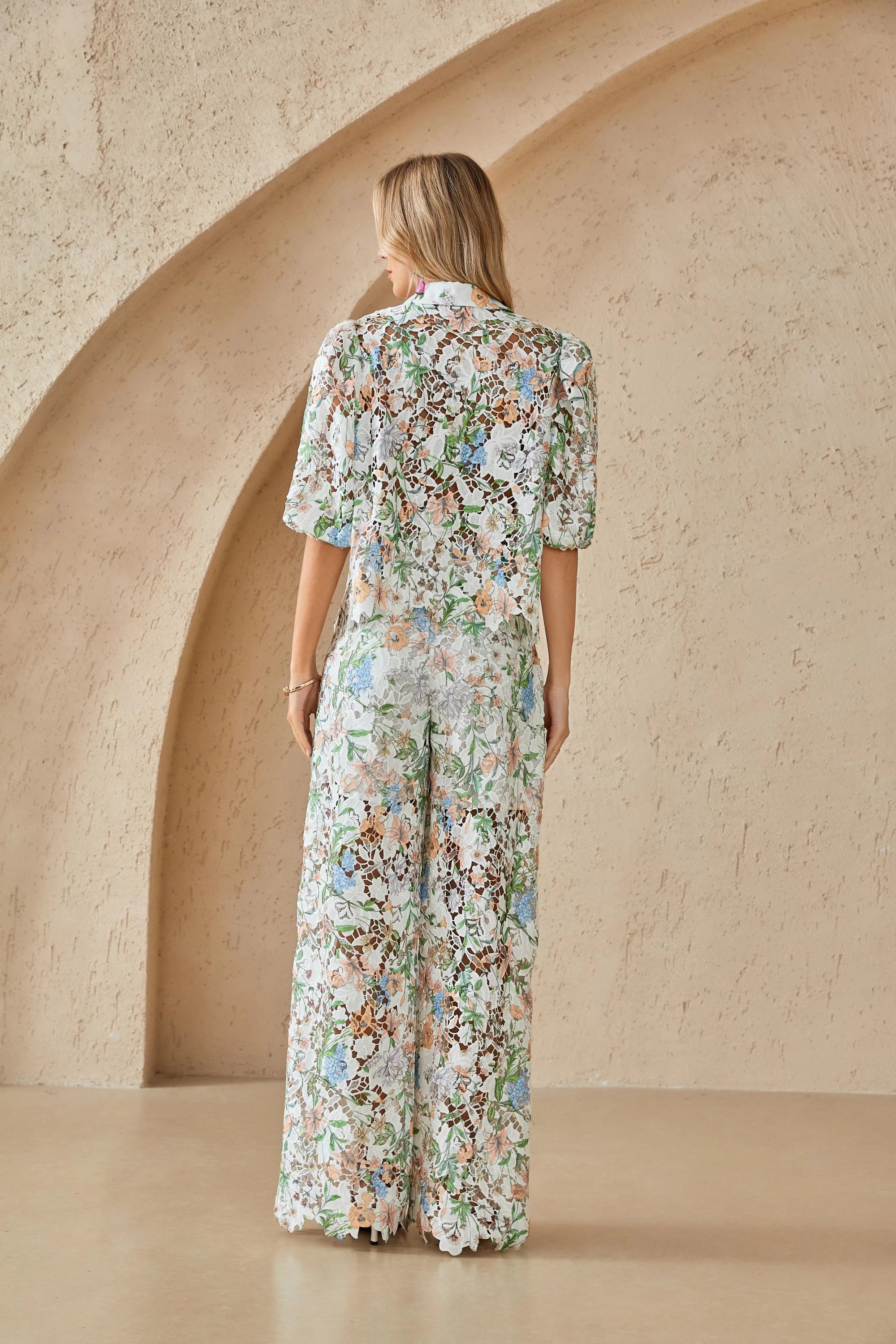 Elppis Floral Lace Puff Sleeve Button-Up Shirt, editorial styling view on model — SKU 1J6E11468BR