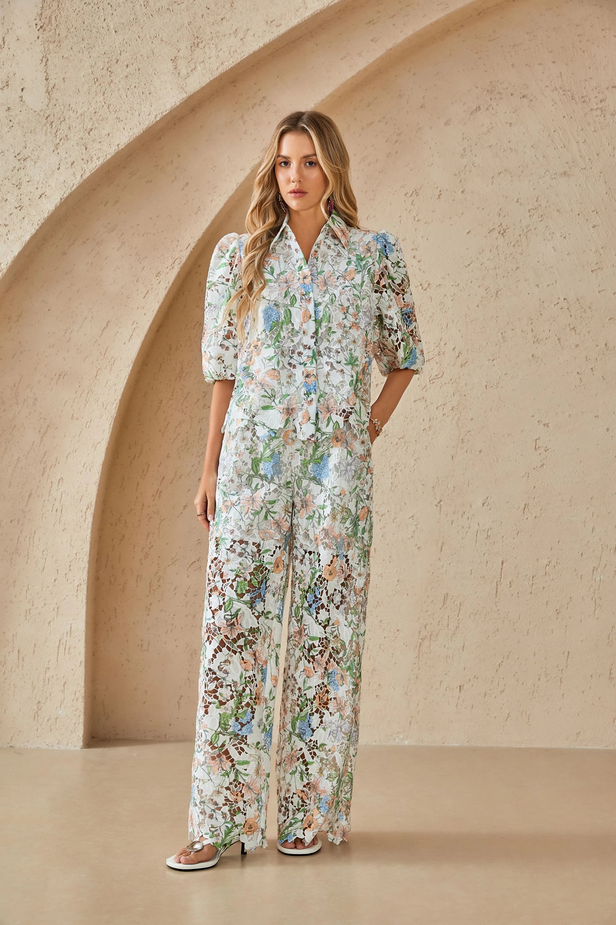 Elppis Floral Lace Puff Sleeve Button-Up Shirt, editorial styling view on model — SKU 1J6E11468BR