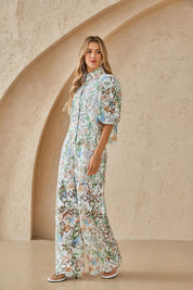 Elppis Floral Lace Puff Sleeve Button-Up Shirt, editorial styling view on model — SKU 1J6E11468BR
