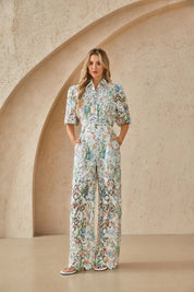 Elppis Floral Lace Puff Sleeve Button-Up Shirt, editorial styling view on model — SKU 1J6E11468BR