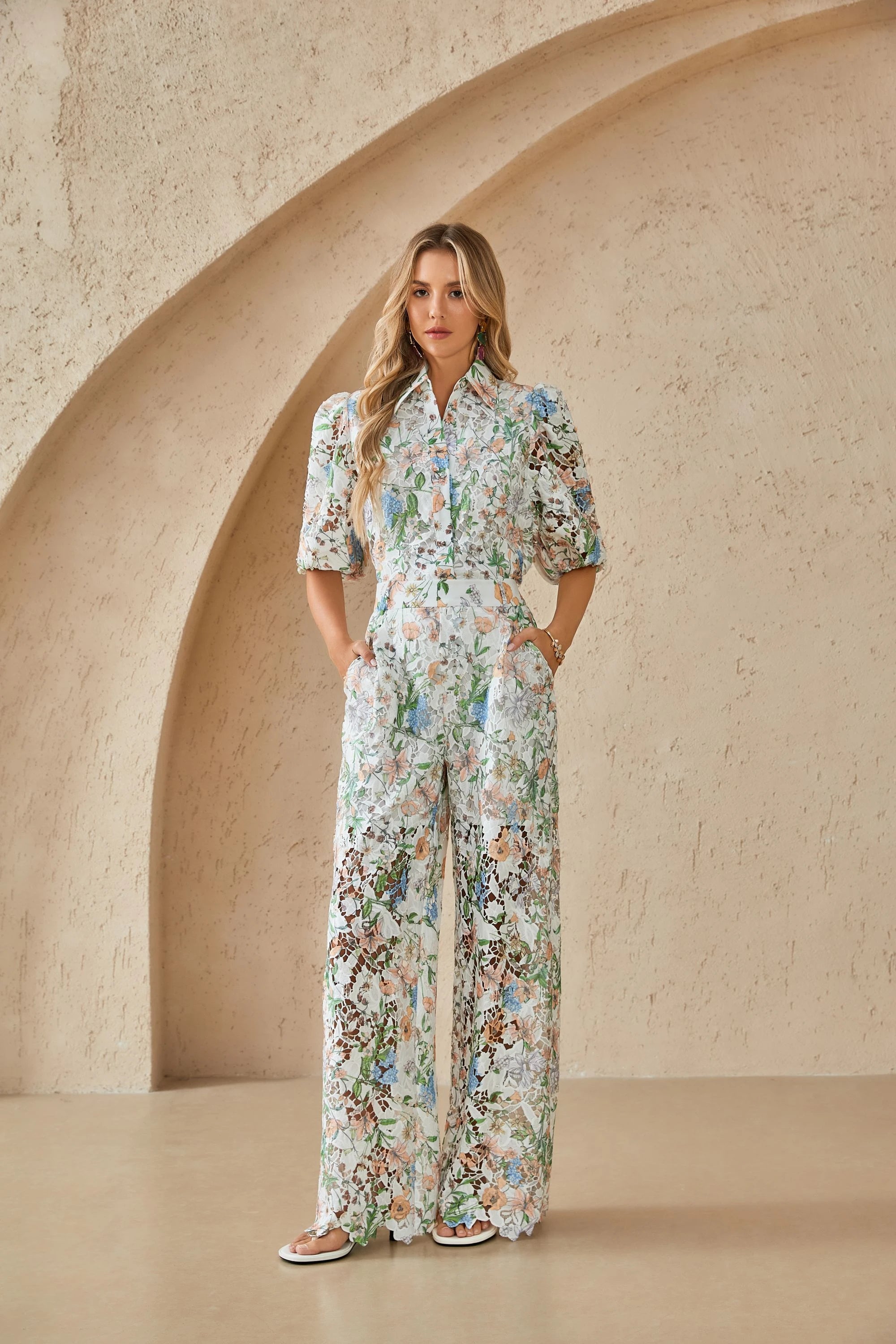 Elppis Floral Lace Puff Sleeve Button-Up Shirt, editorial styling view on model — SKU 1J6E11468BR