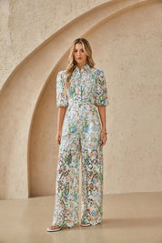 Elppis Floral Lace Puff Sleeve Button-Up Shirt, editorial styling view on model — SKU 1J6E11468BR