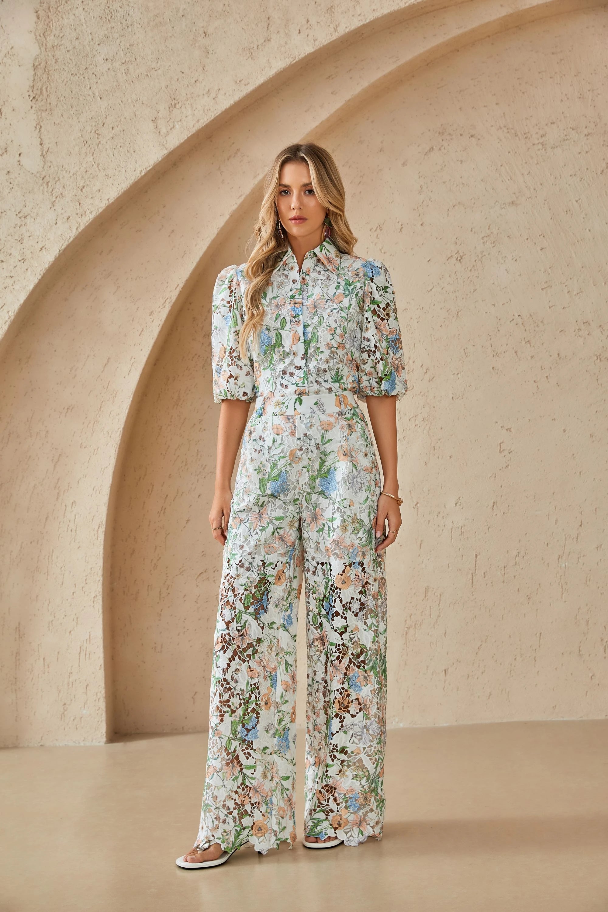 Elppis Floral Lace Puff Sleeve Button-Up Shirt, editorial styling view on model — SKU 1J6E11468BR