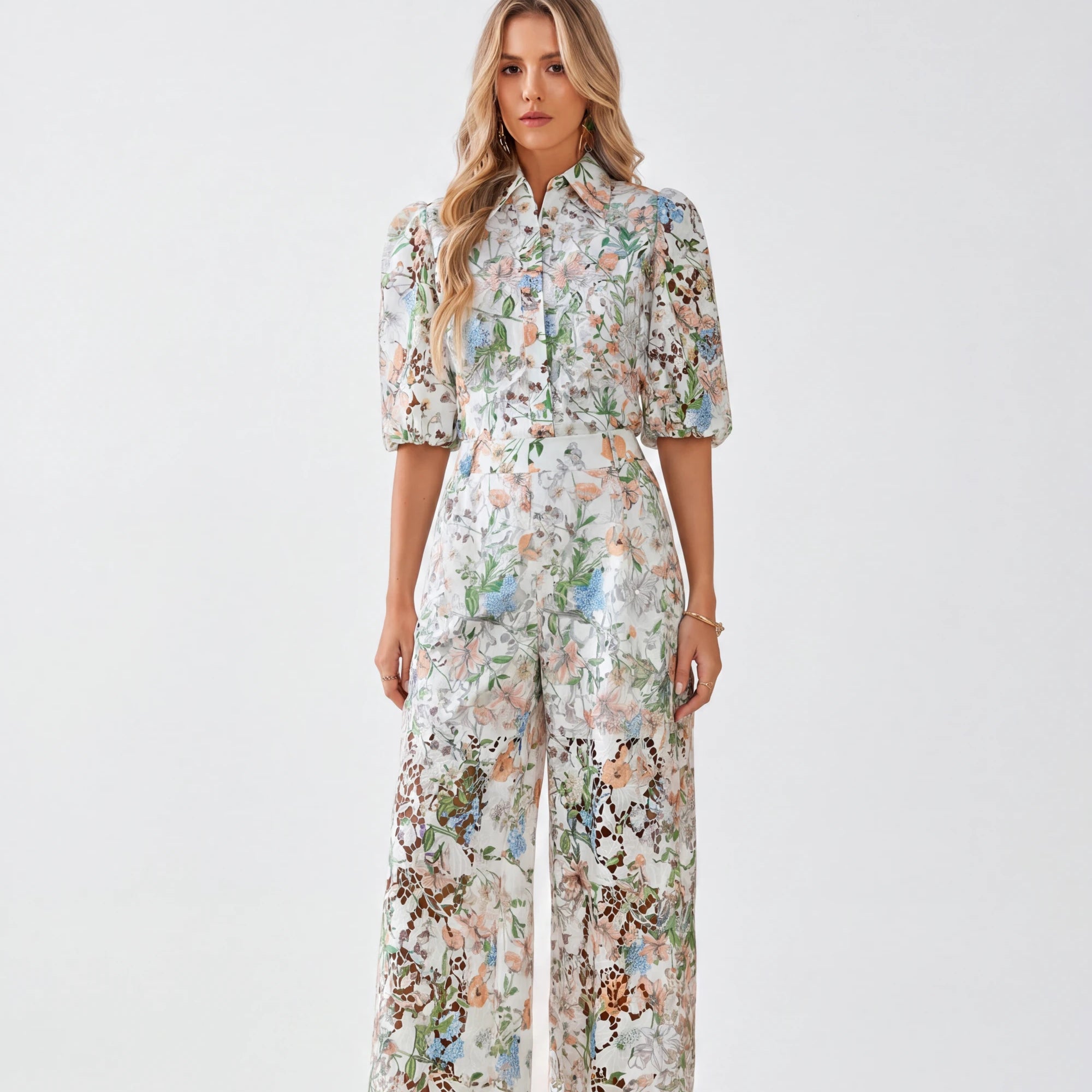 Elppis Floral Lace Puff Sleeve Button-Up Shirt, white-background full-length front view on model — SKU 1J6E11468BR