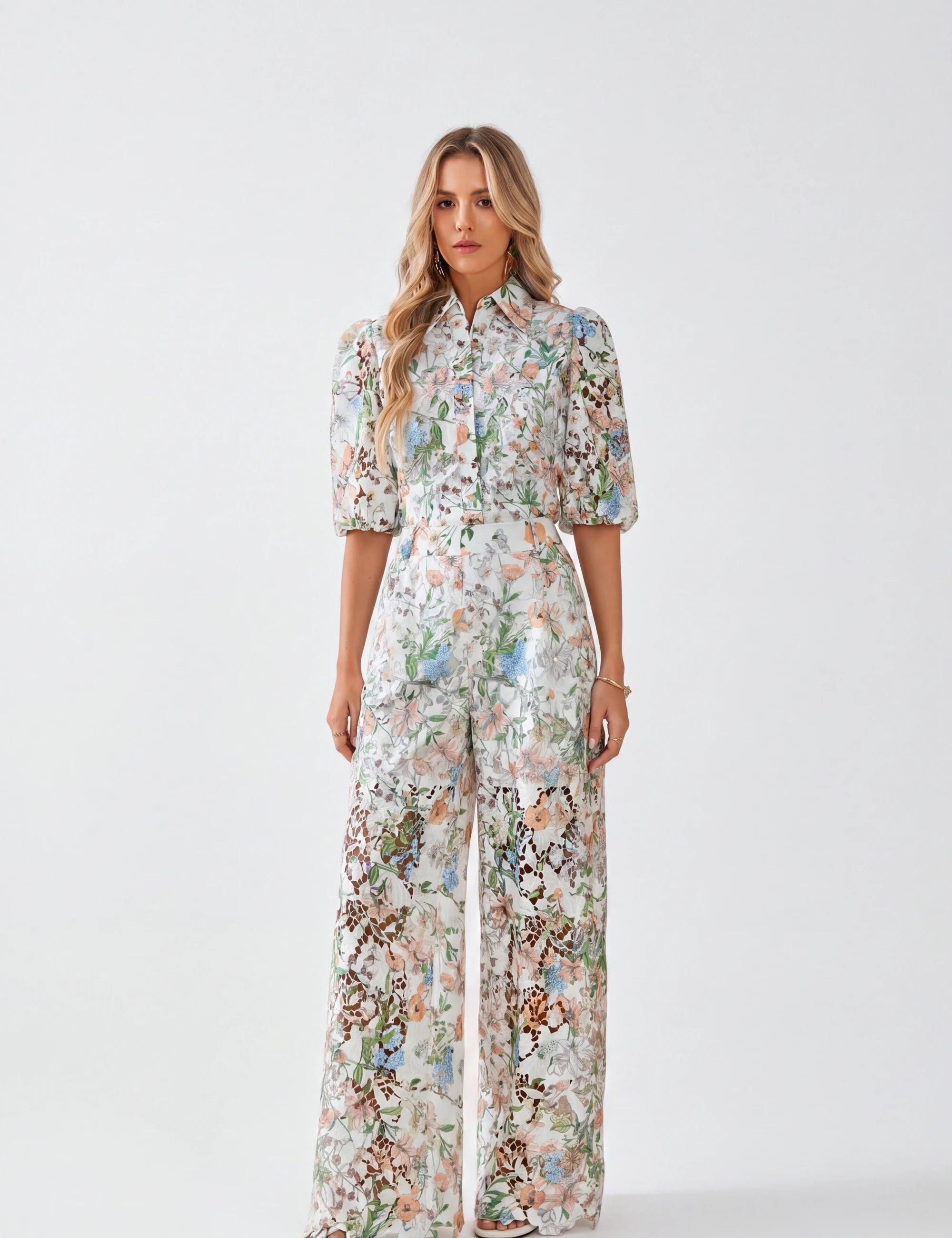 Elppis Floral Lace Puff Sleeve Button-Up Shirt, white-background full-length front view on model — SKU 1J6E11468BR