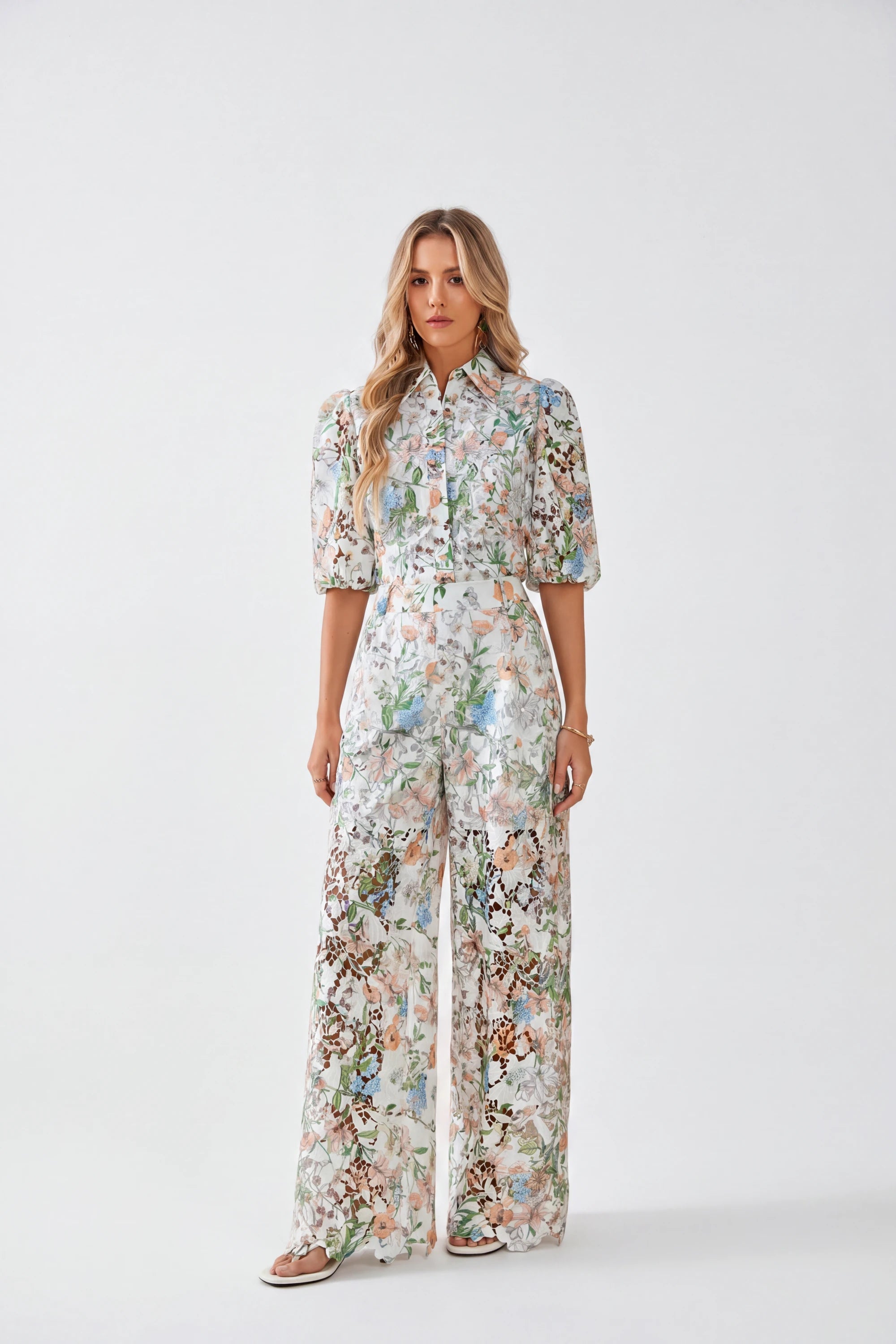 Elppis Floral Lace Puff Sleeve Button-Up Shirt, white-background full-length front view on model — SKU 1J6E11468BR