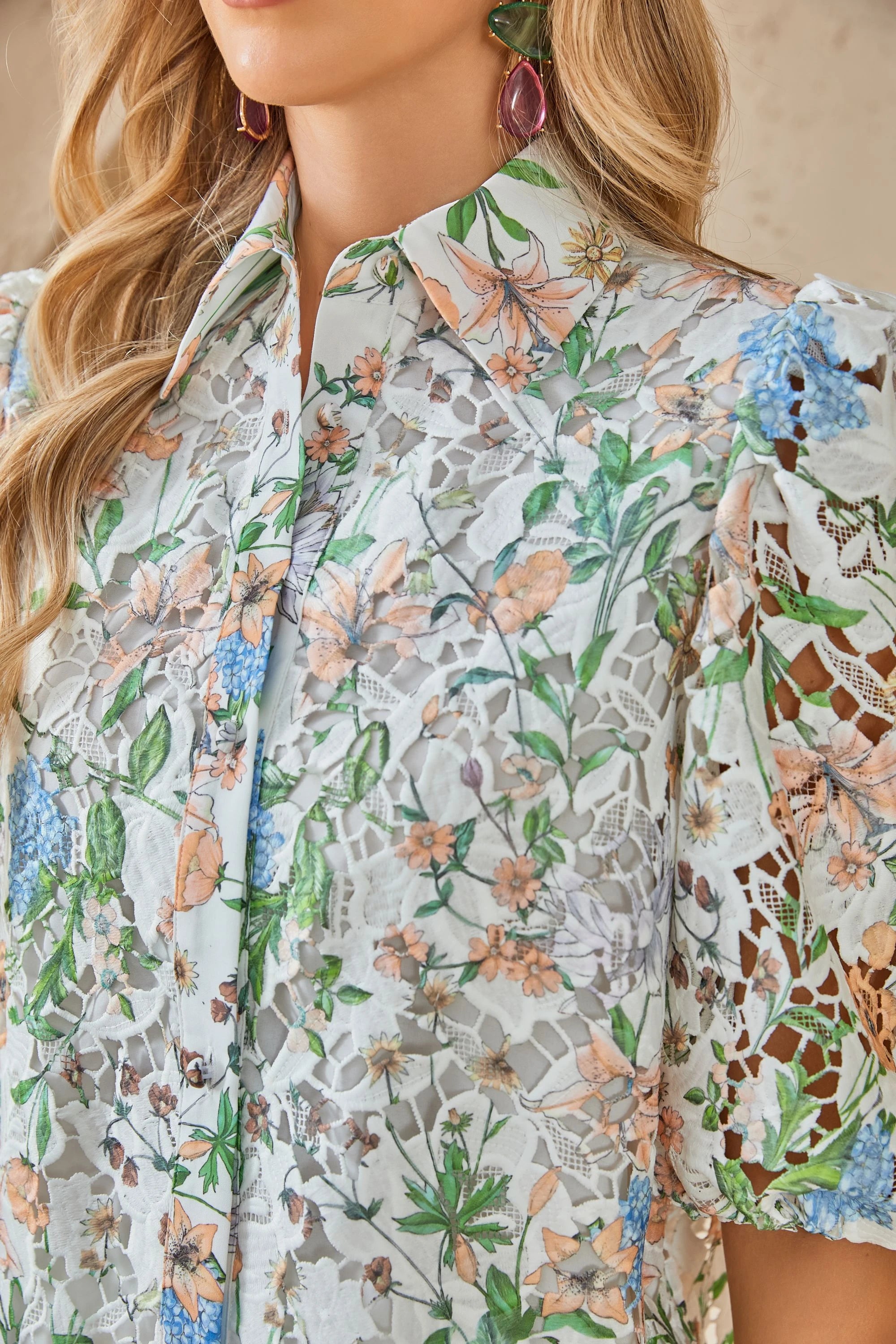 Elppis Floral Lace Puff Sleeve Button-Up Shirt, product detail view — SKU 1J6E11468BR