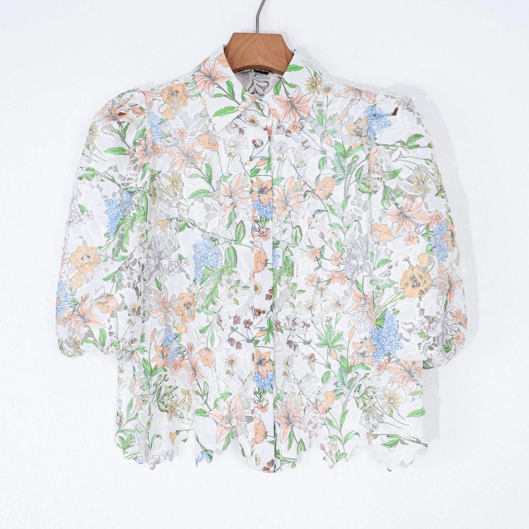 Elppis Floral Lace Puff Sleeve Button-Up Shirt, product packshot on white background — SKU 1J6E11468BR
