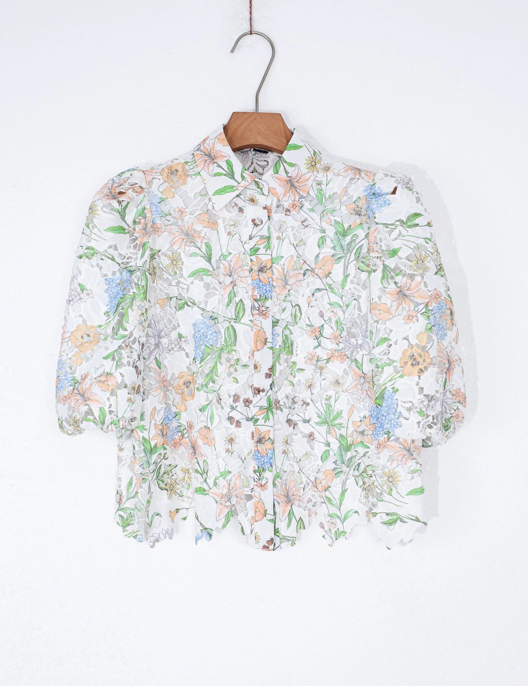 Elppis Floral Lace Puff Sleeve Button-Up Shirt, product packshot on white background — SKU 1J6E11468BR