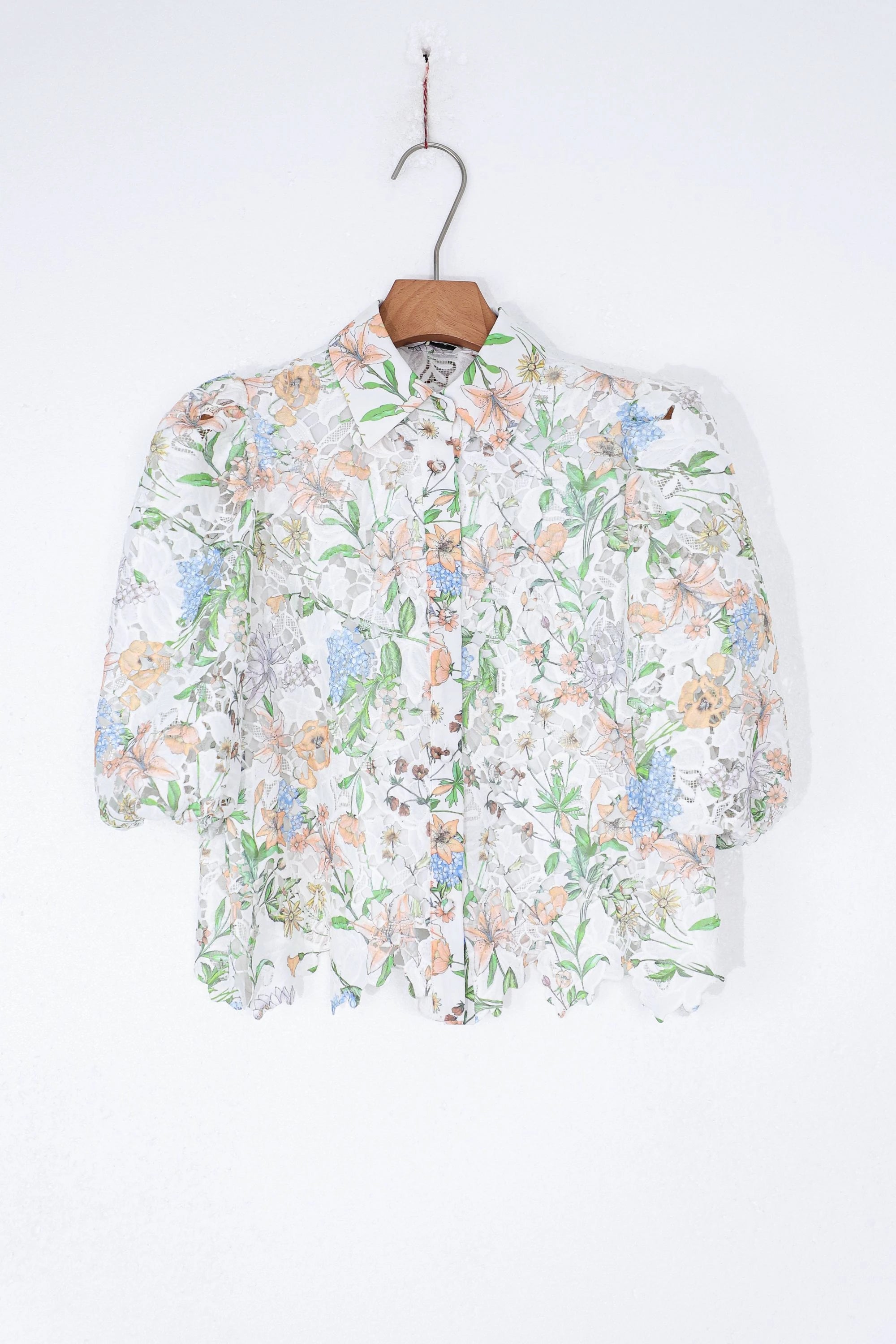 Elppis Floral Lace Puff Sleeve Button-Up Shirt, product packshot on white background — SKU 1J6E11468BR