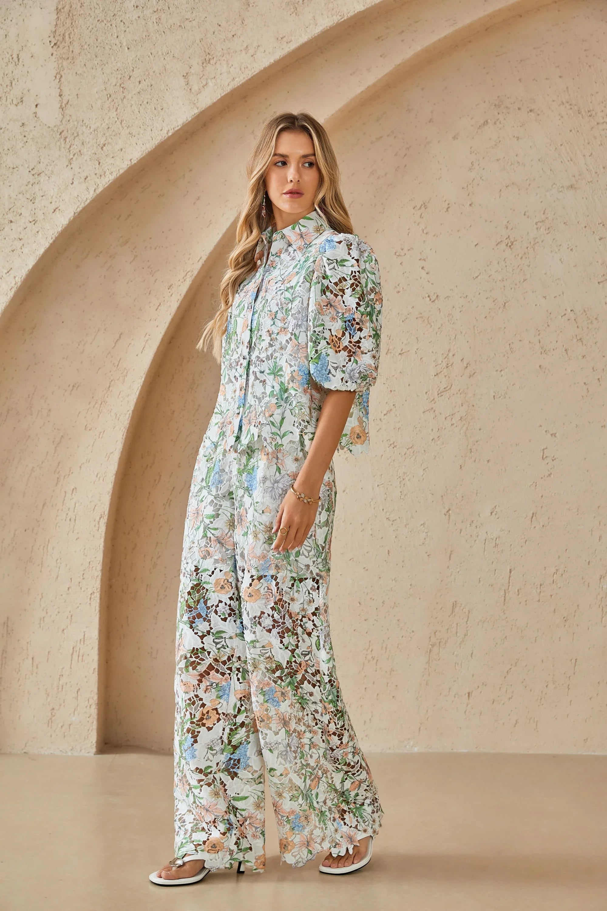 Elppis floral lace wide-leg pants styled with the matching blouse