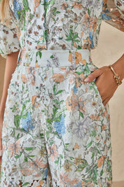 Close-up of the high waist and floral lace fabric