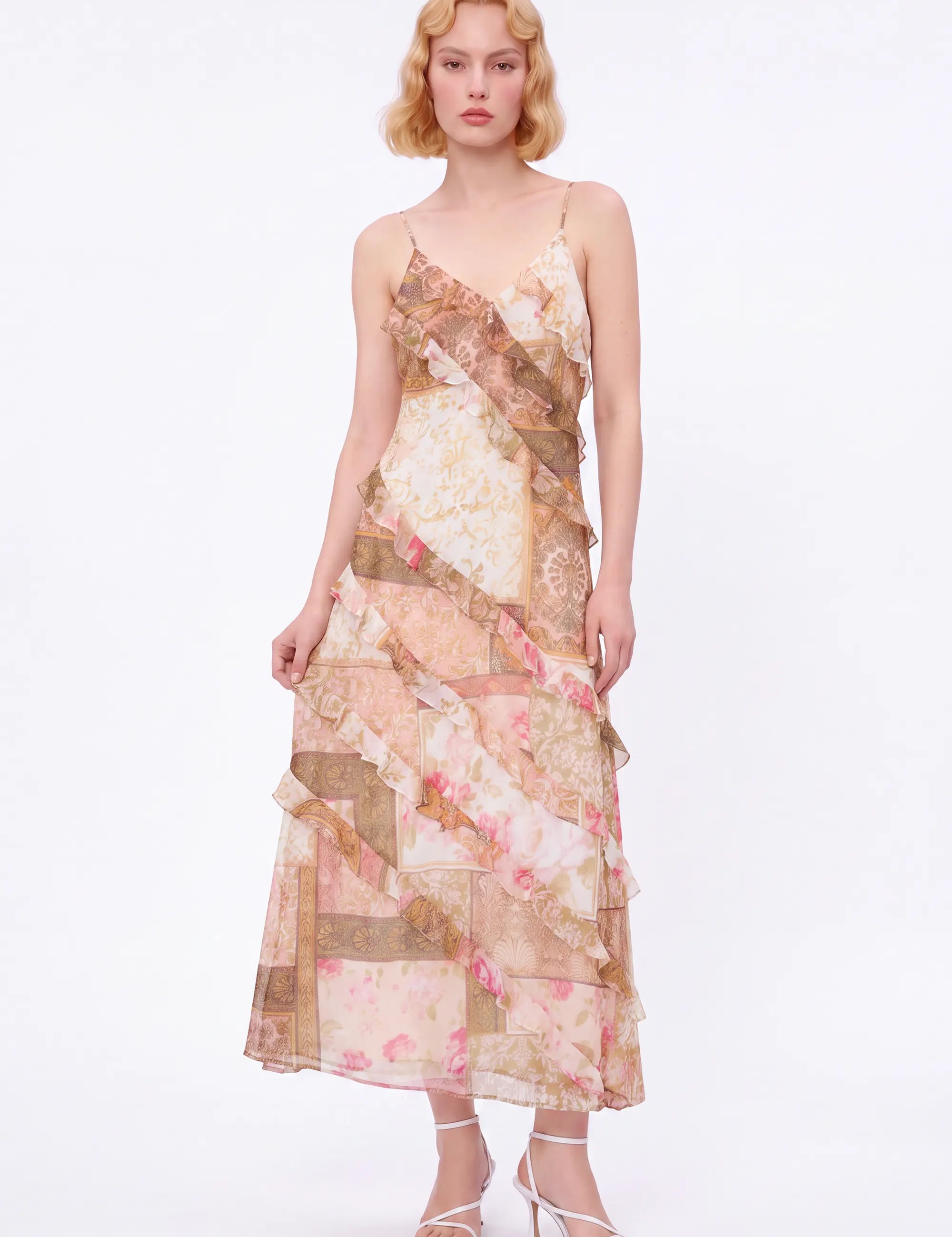 Floral Patchwork Ruffled Cami Maxi Dress — Model White Background Front