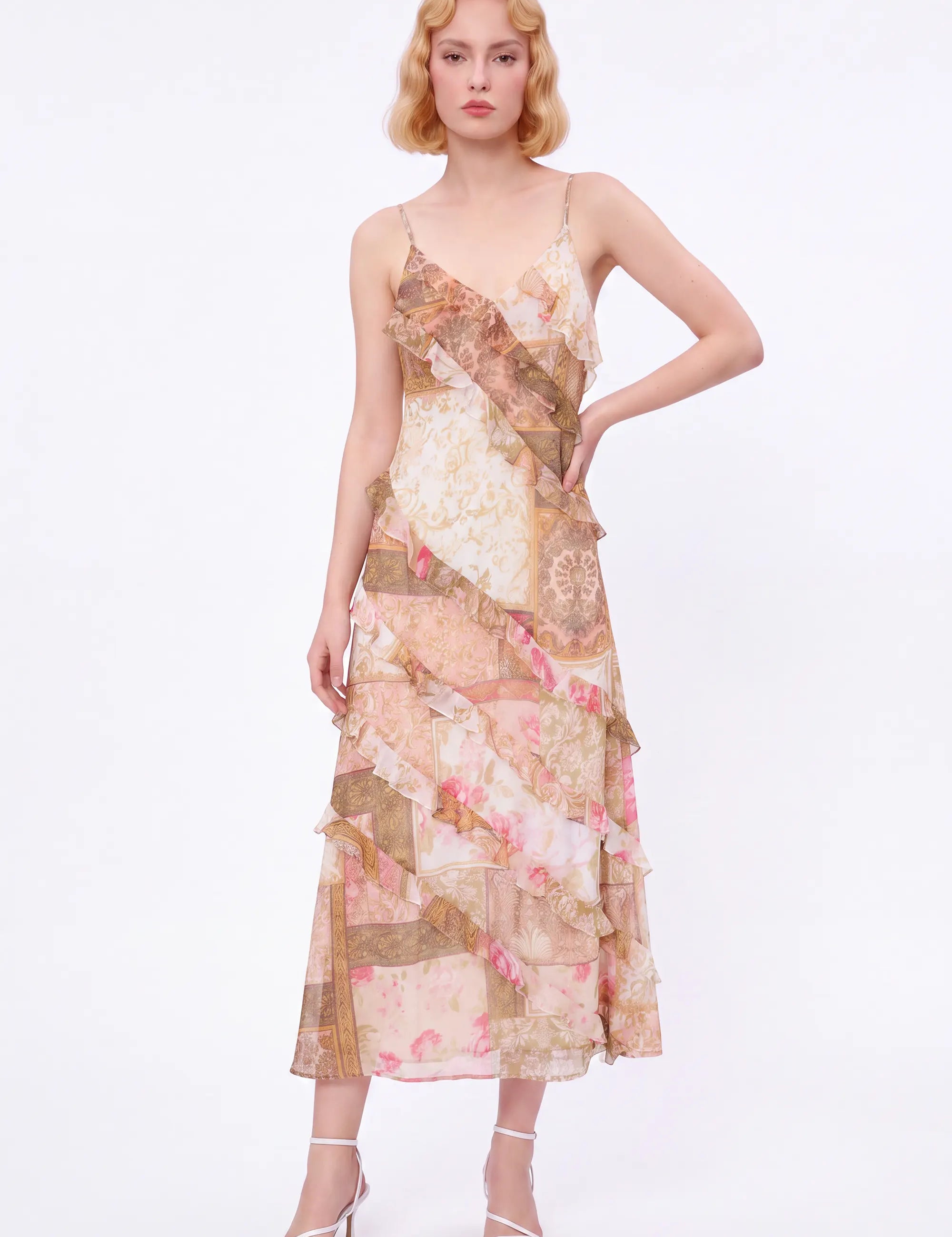 Floral Patchwork Ruffled Cami Maxi Dress — Model White Background View 2